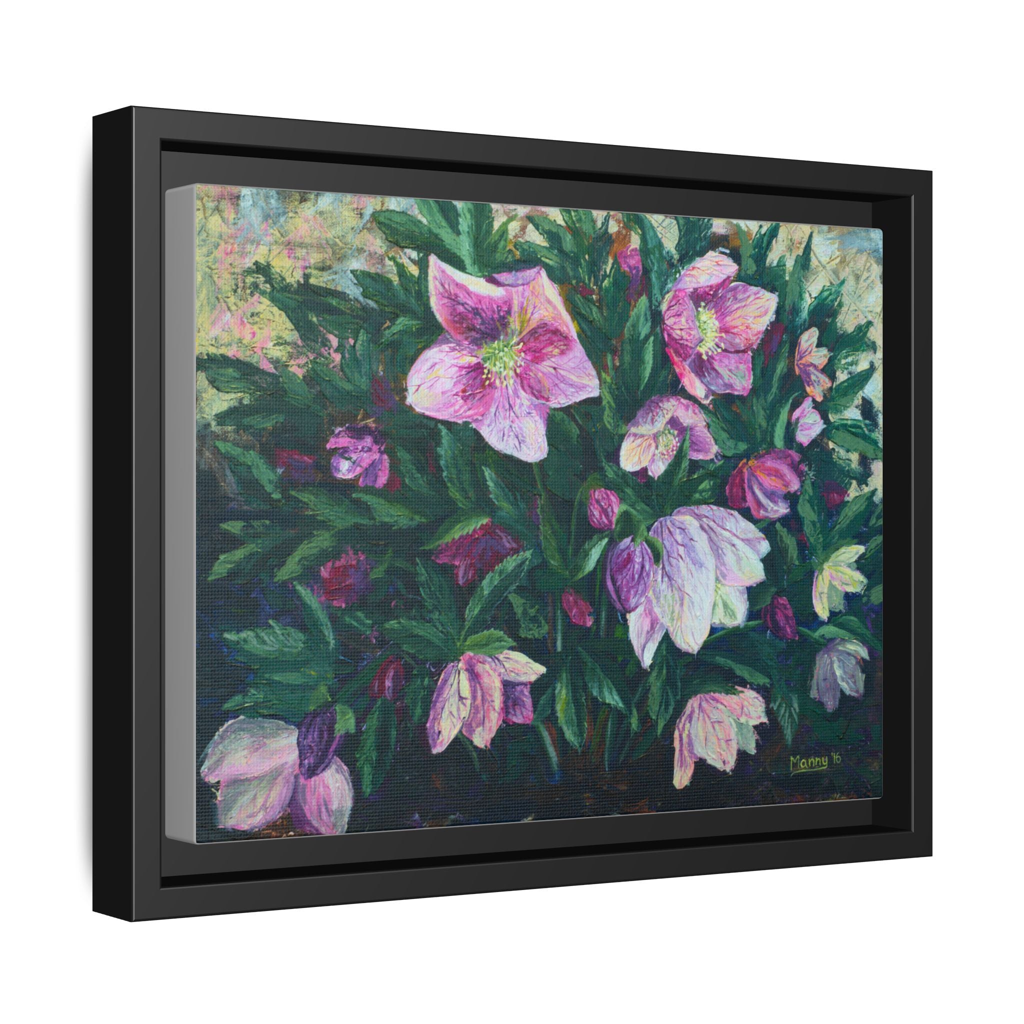 Pink Hellebore Botanical Wall Art - Framed Floral Canvas Print