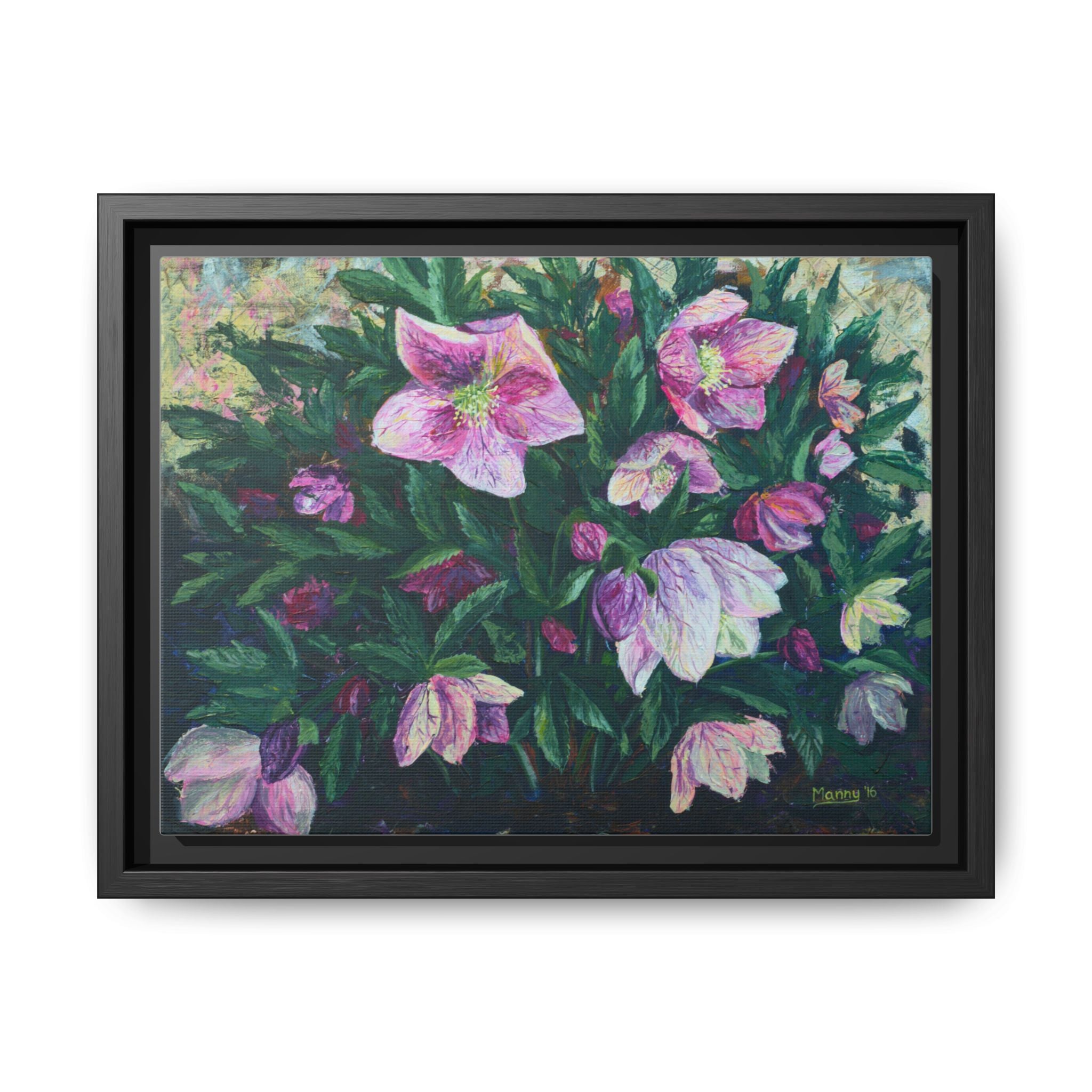 Pink Hellebore Botanical Wall Art - Framed Floral Canvas Print
