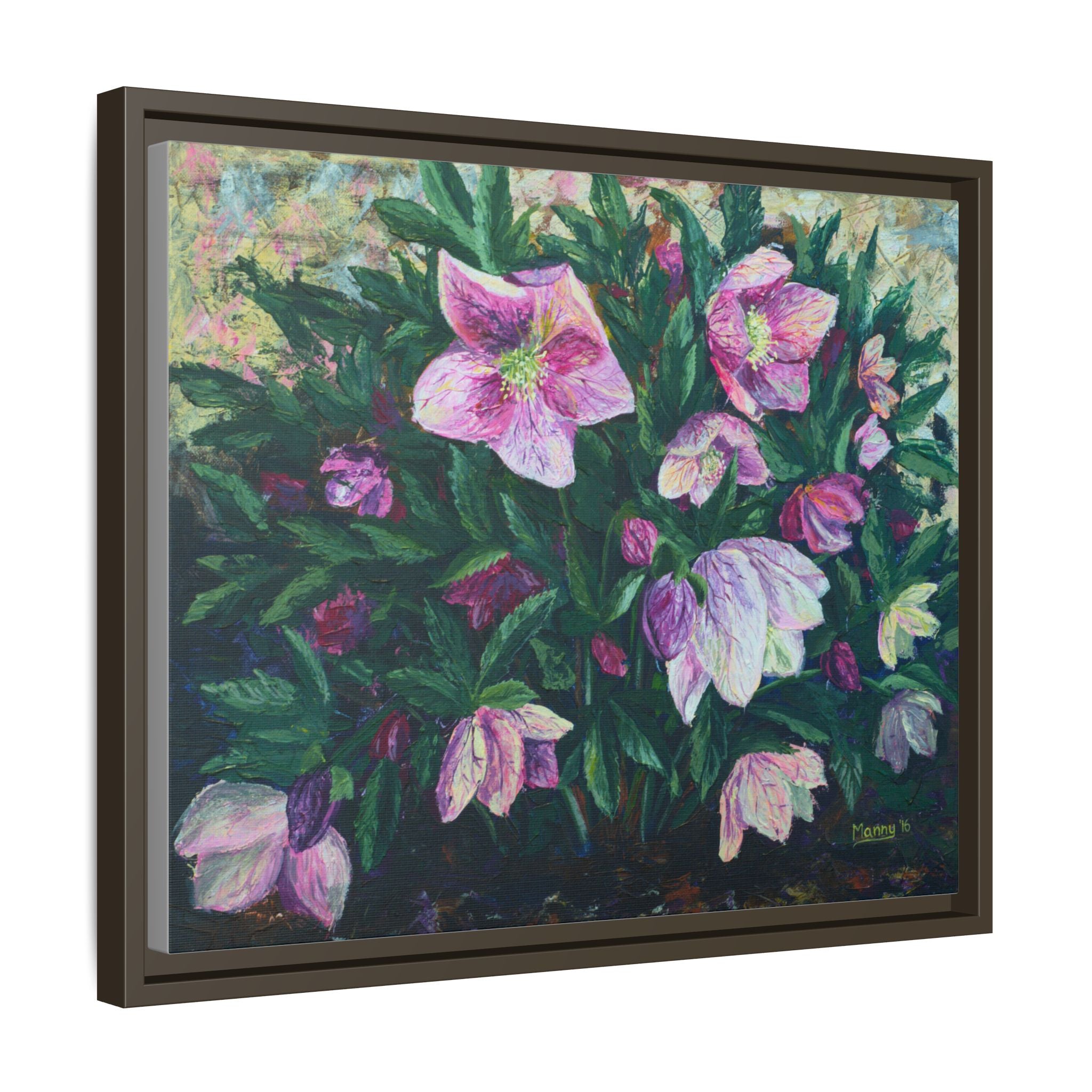 Pink Hellebore Botanical Wall Art - Framed Floral Canvas Print