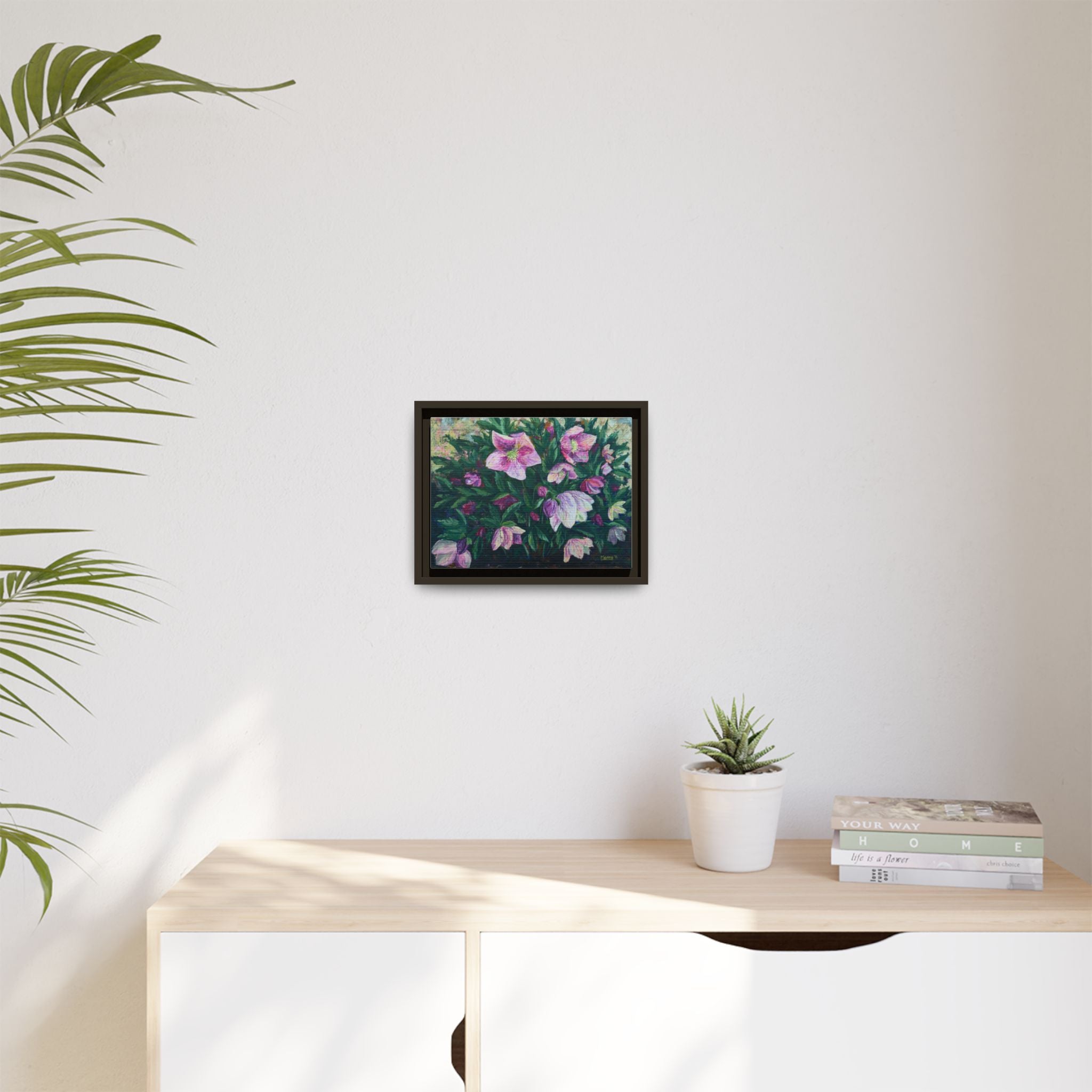 Pink Hellebore Botanical Wall Art - Framed Floral Canvas Print