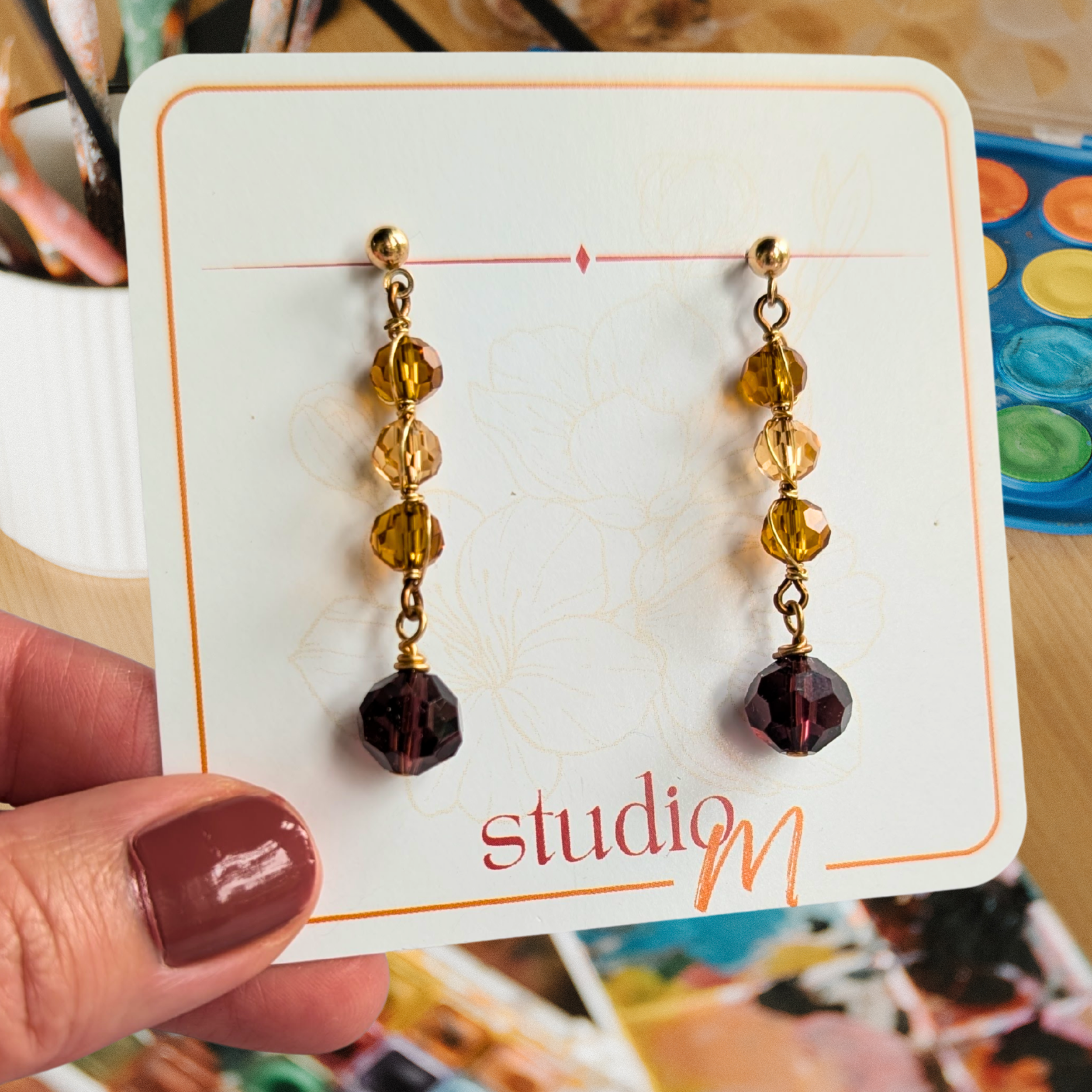 Amber brown crystal drop earrings