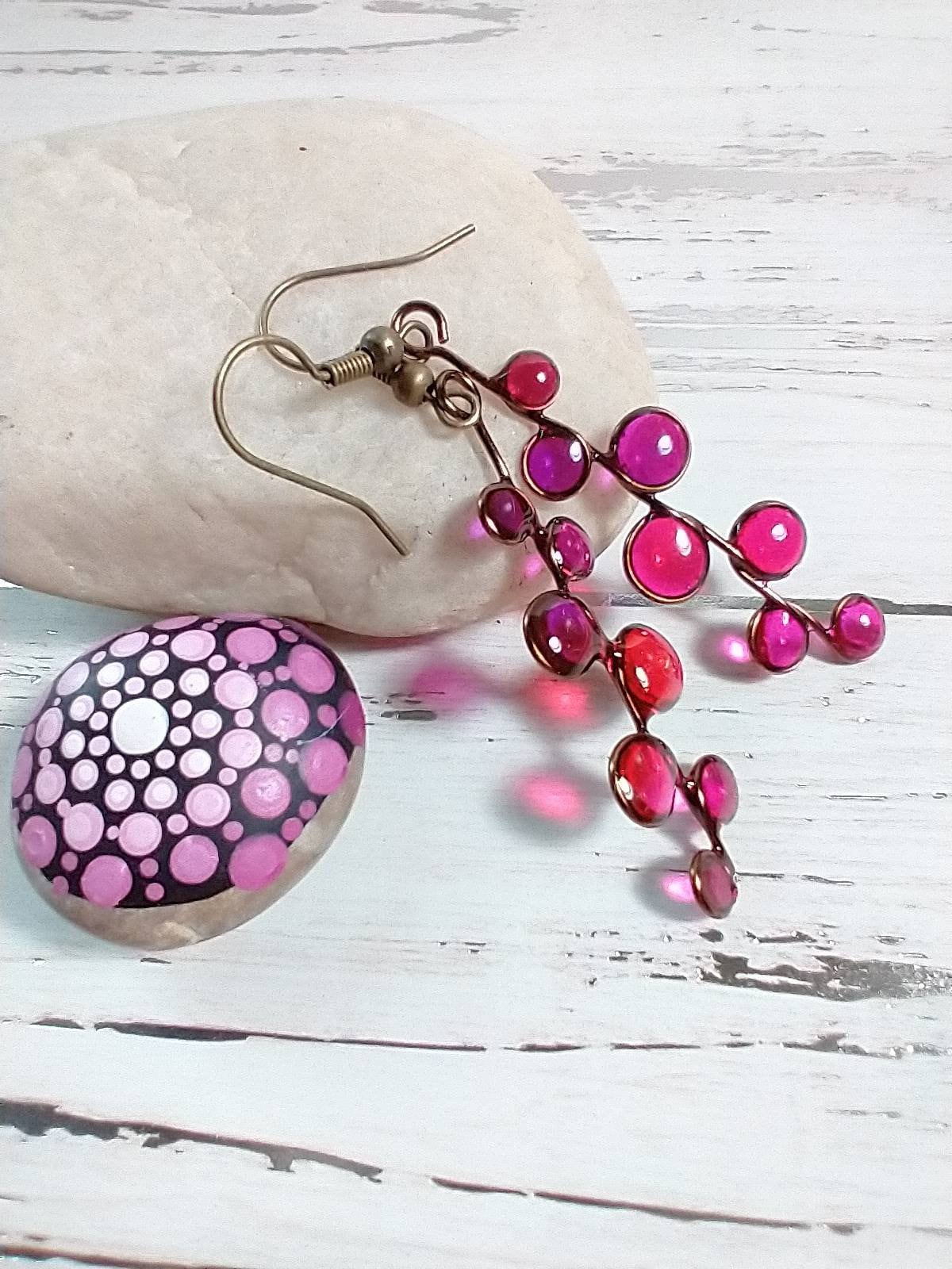 Pink magenta stained glass resin earrings