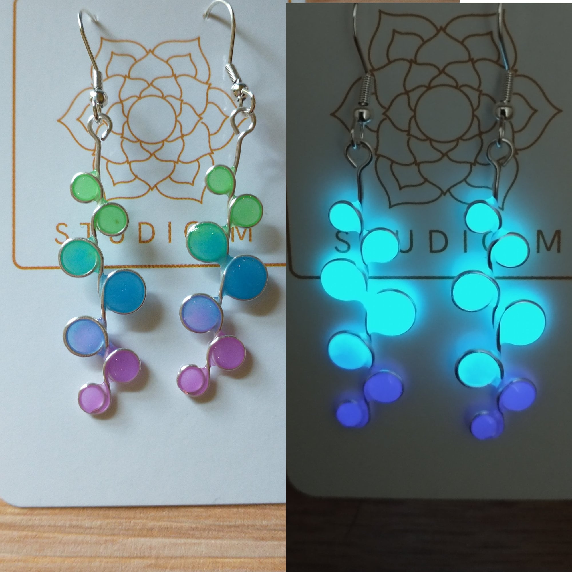 Green, blue, and purple Glow in the Dark Earrings