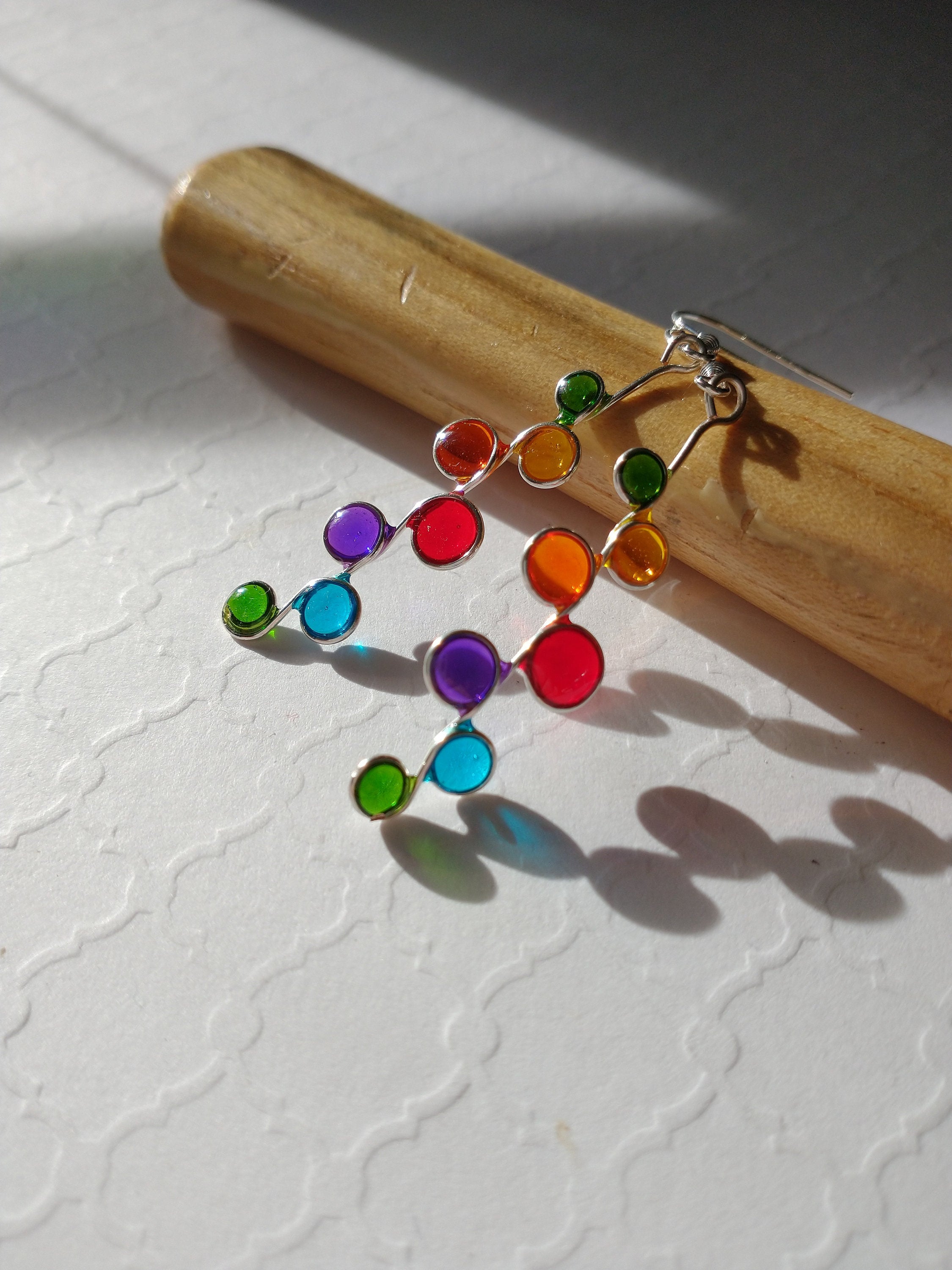 Rainbow stained glass resin earrings in silver