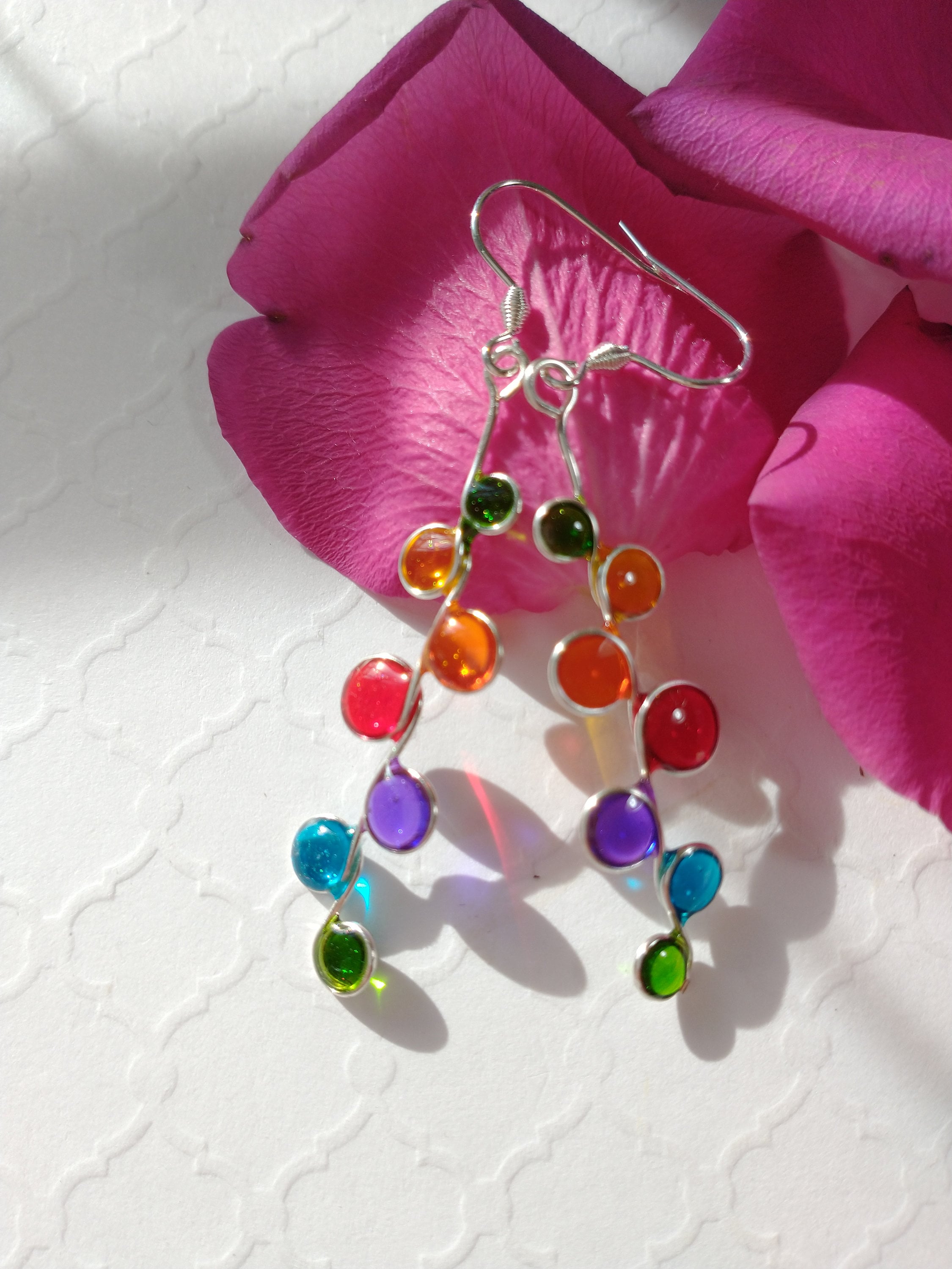 Rainbow stained glass resin earrings in silver