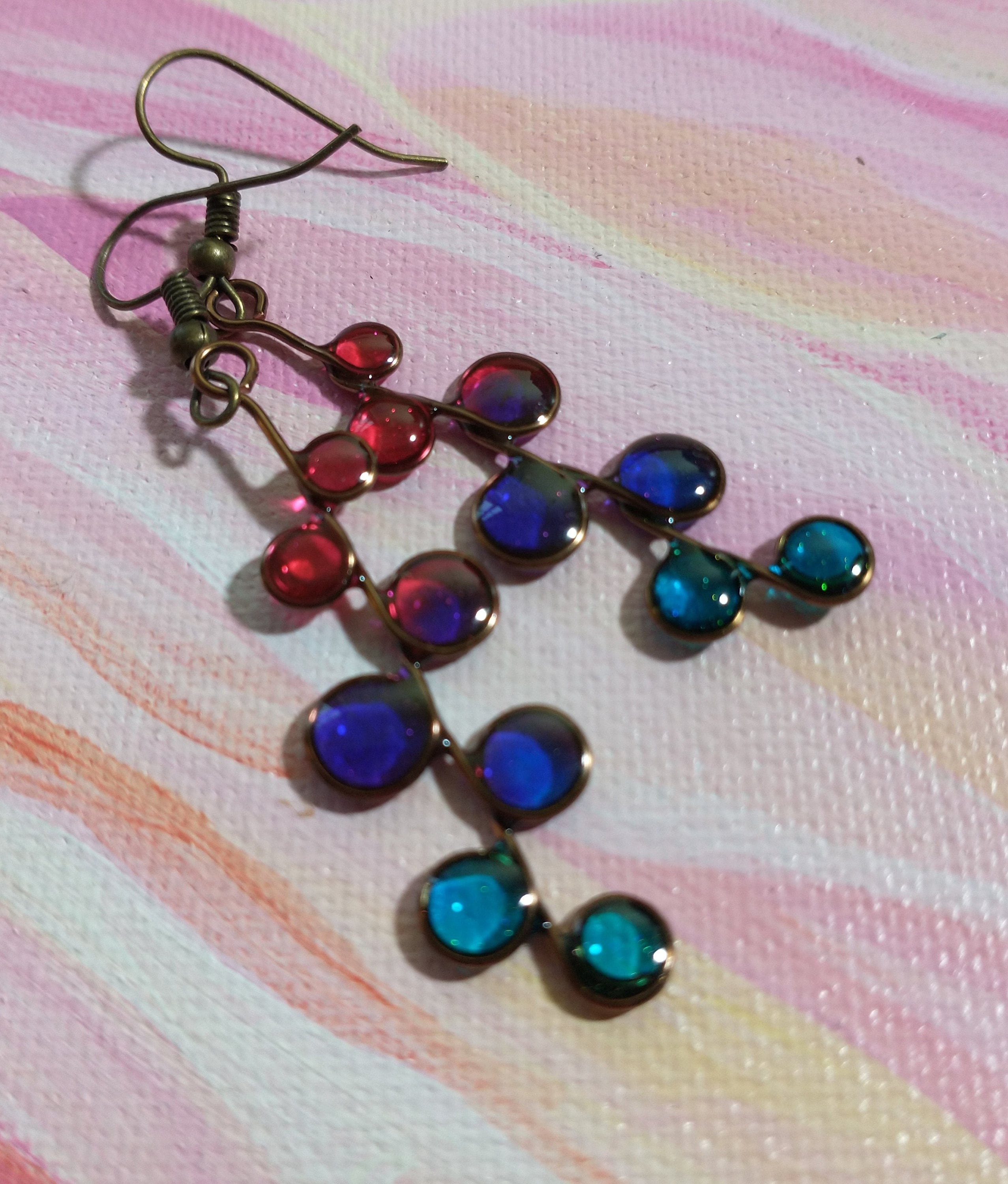 Magenta blue and purple stained glass resin earrings