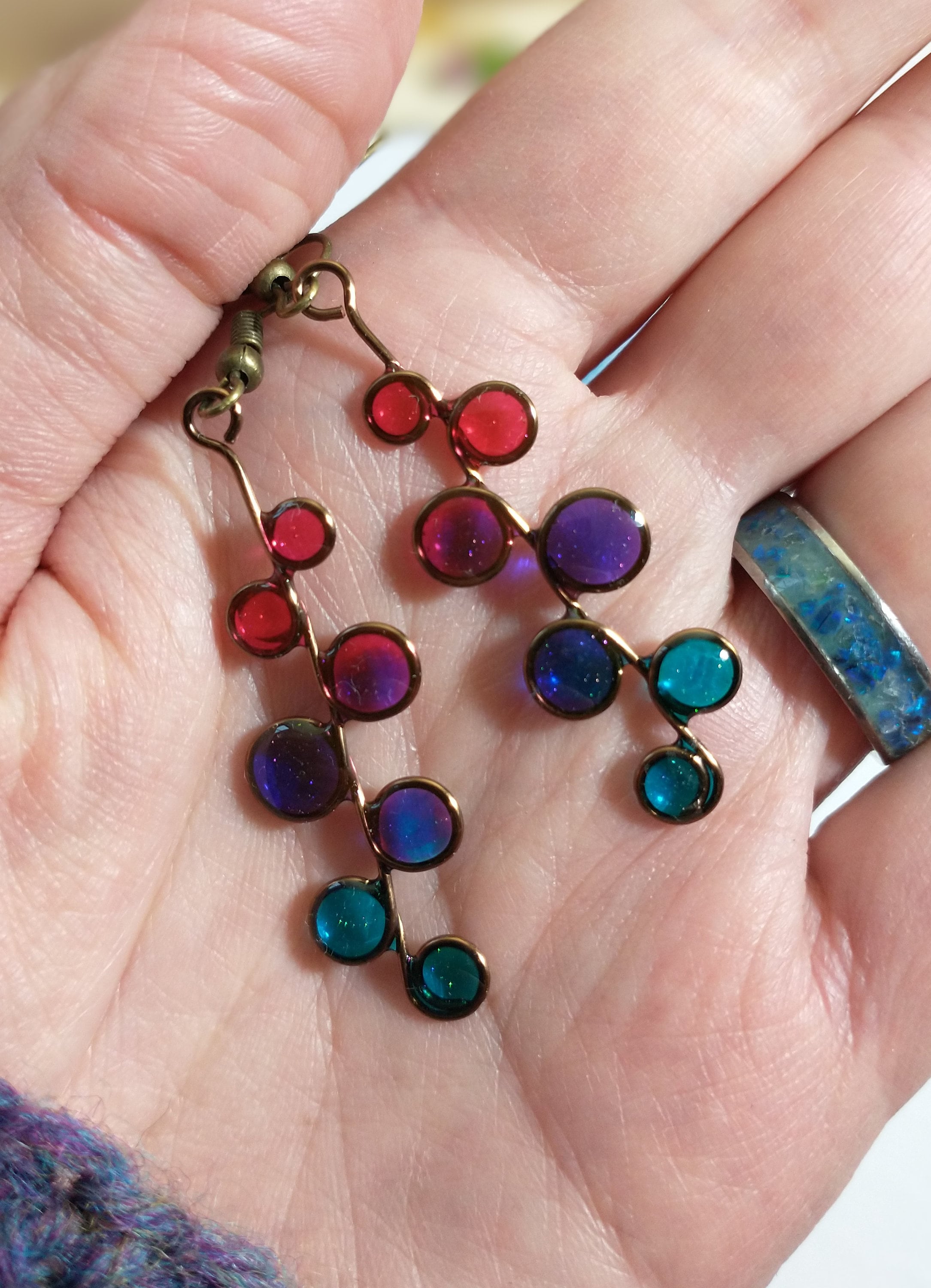 Magenta blue and purple stained glass resin earrings