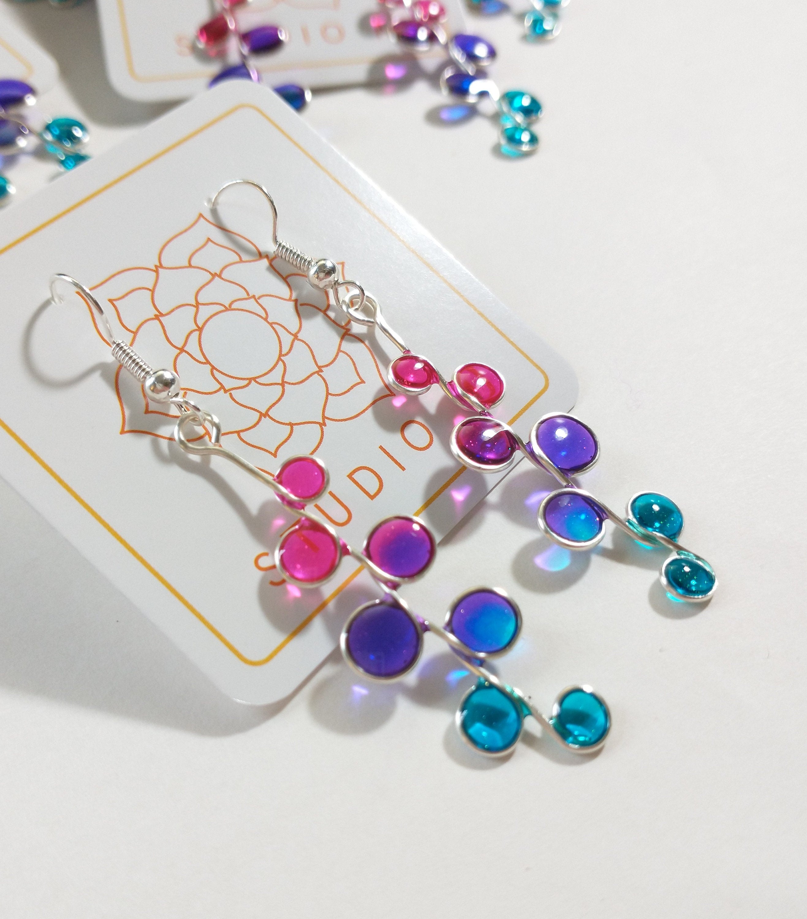 Pink blue and purple stained glass resin earrings