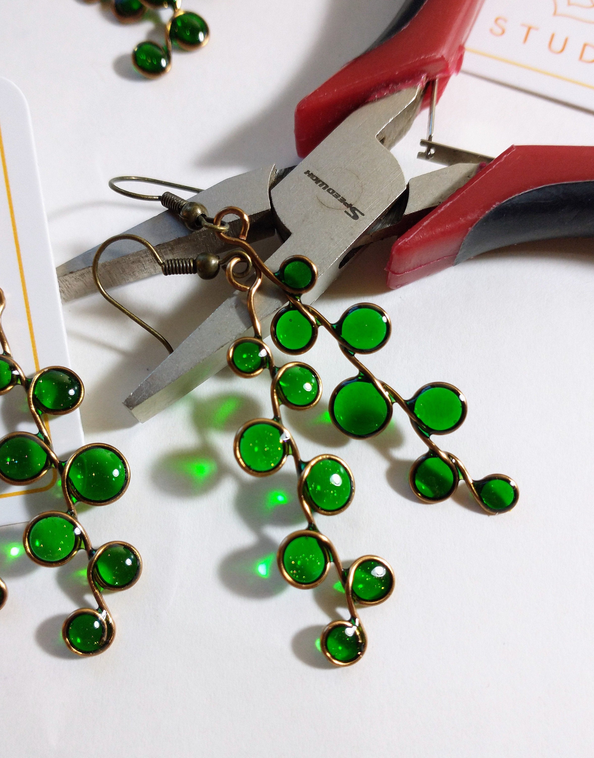 Emerald green stained glass resin earrings