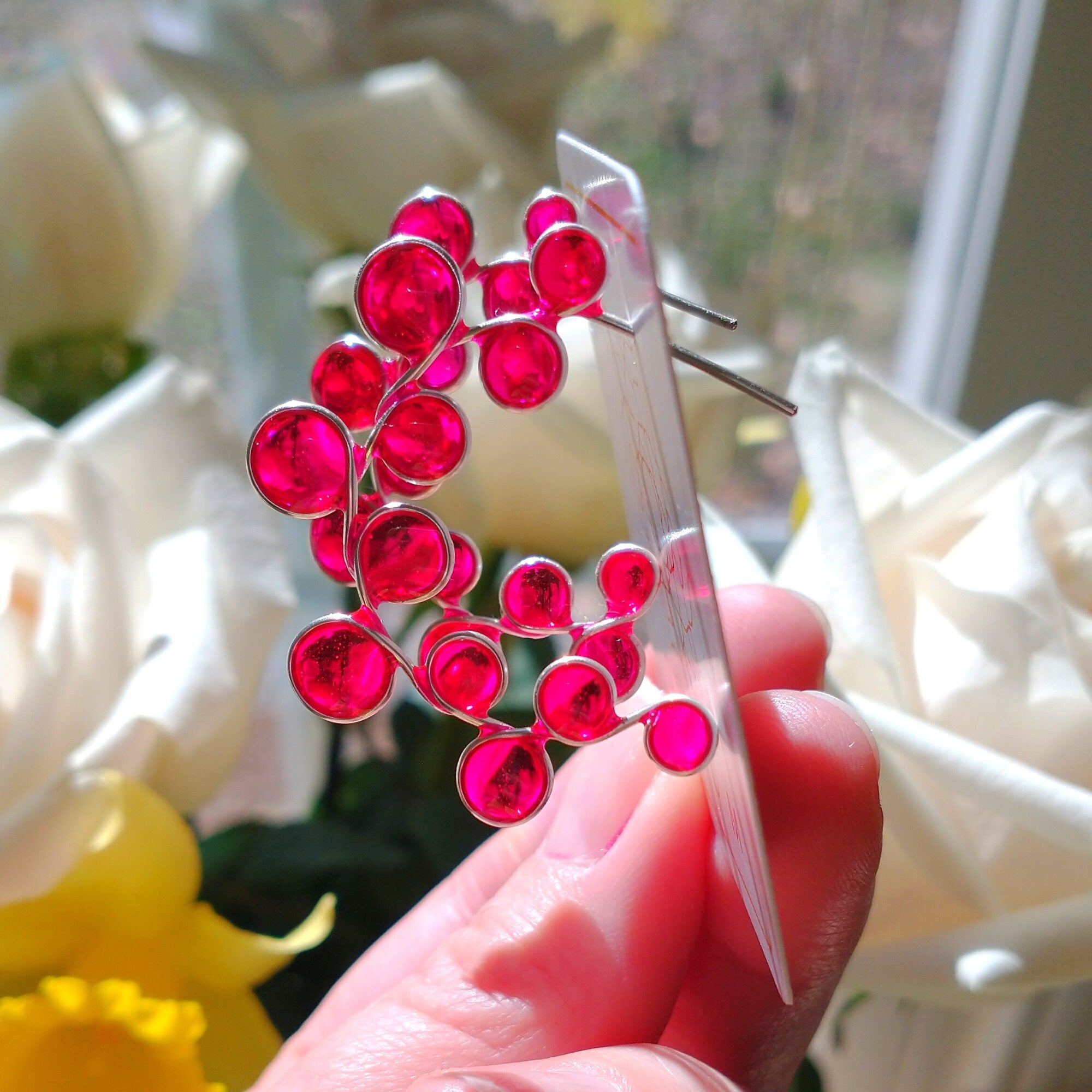 Pink stained glass hoop resin earrings