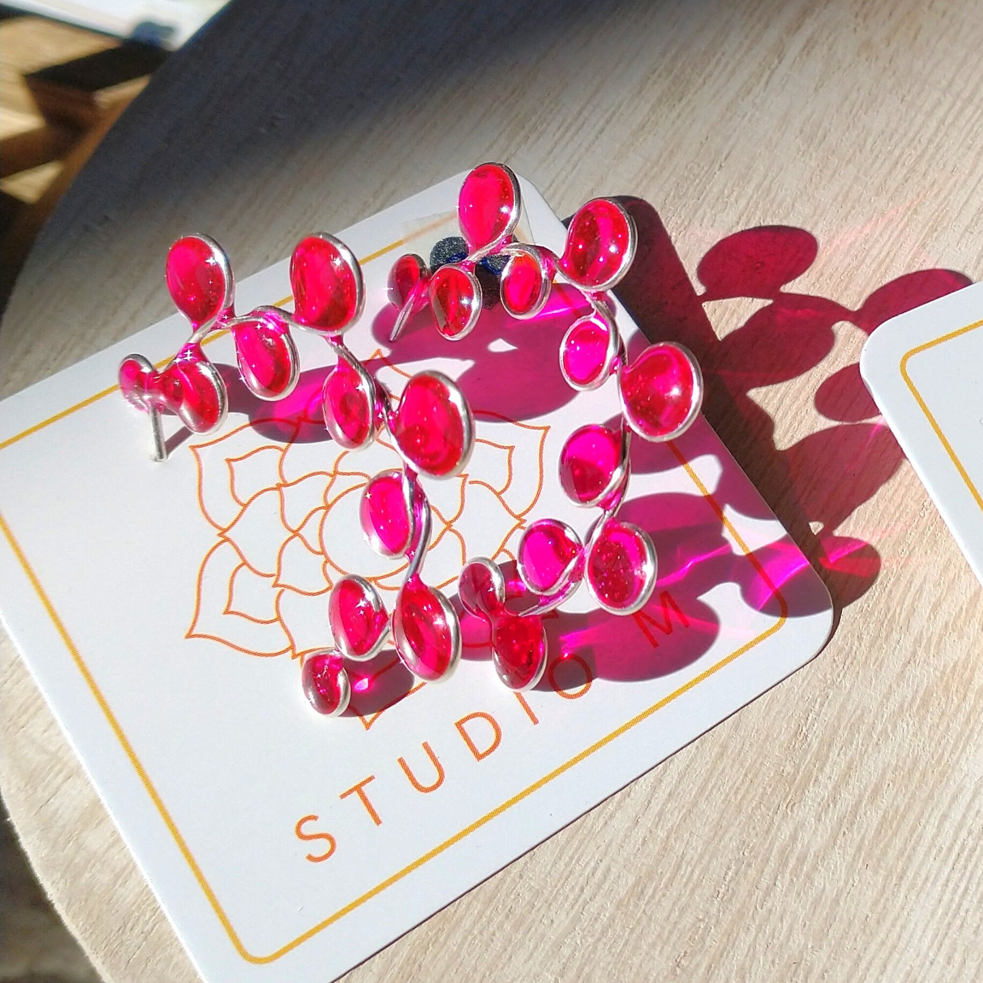 Pink stained glass hoop resin earrings