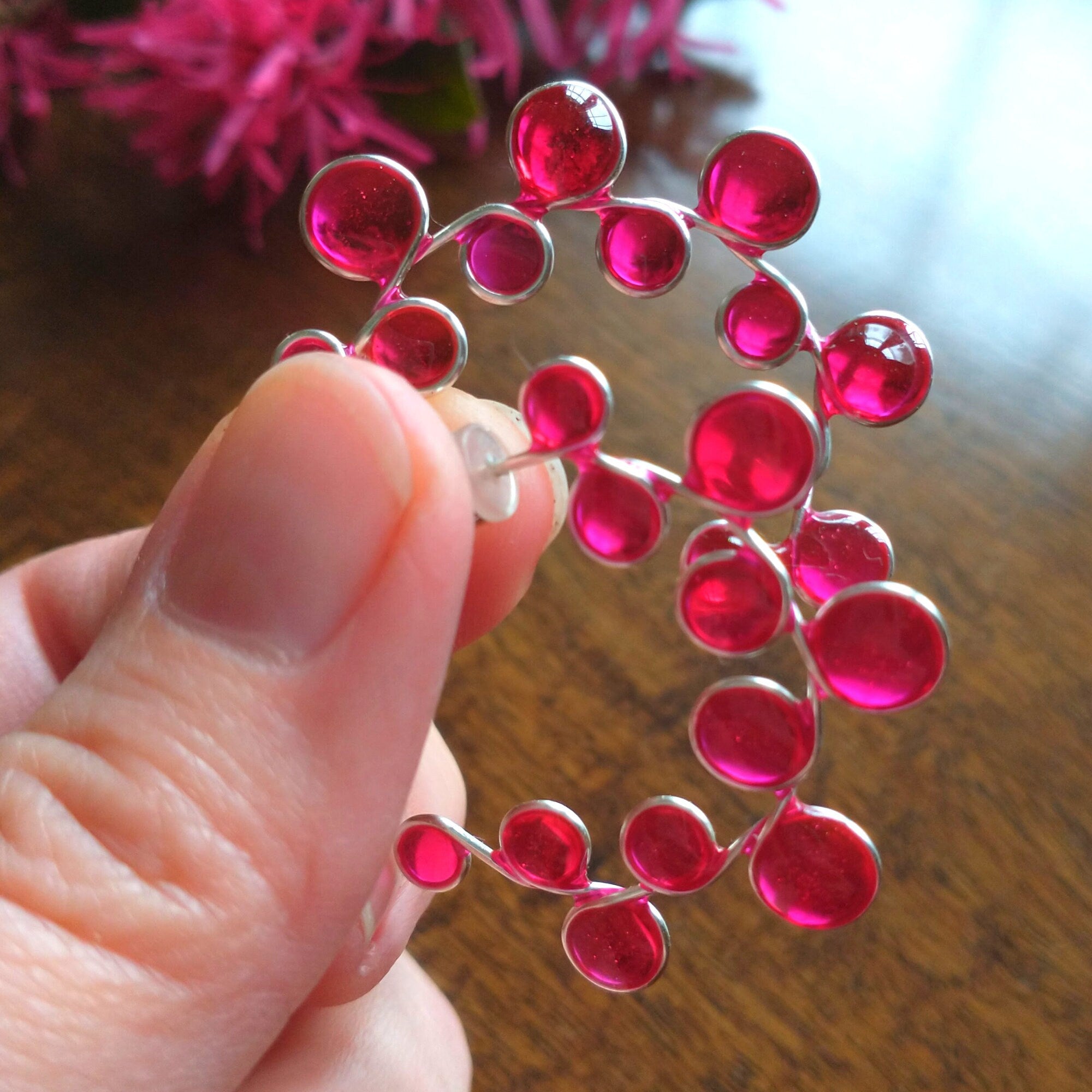 Pink stained glass hoop resin earrings