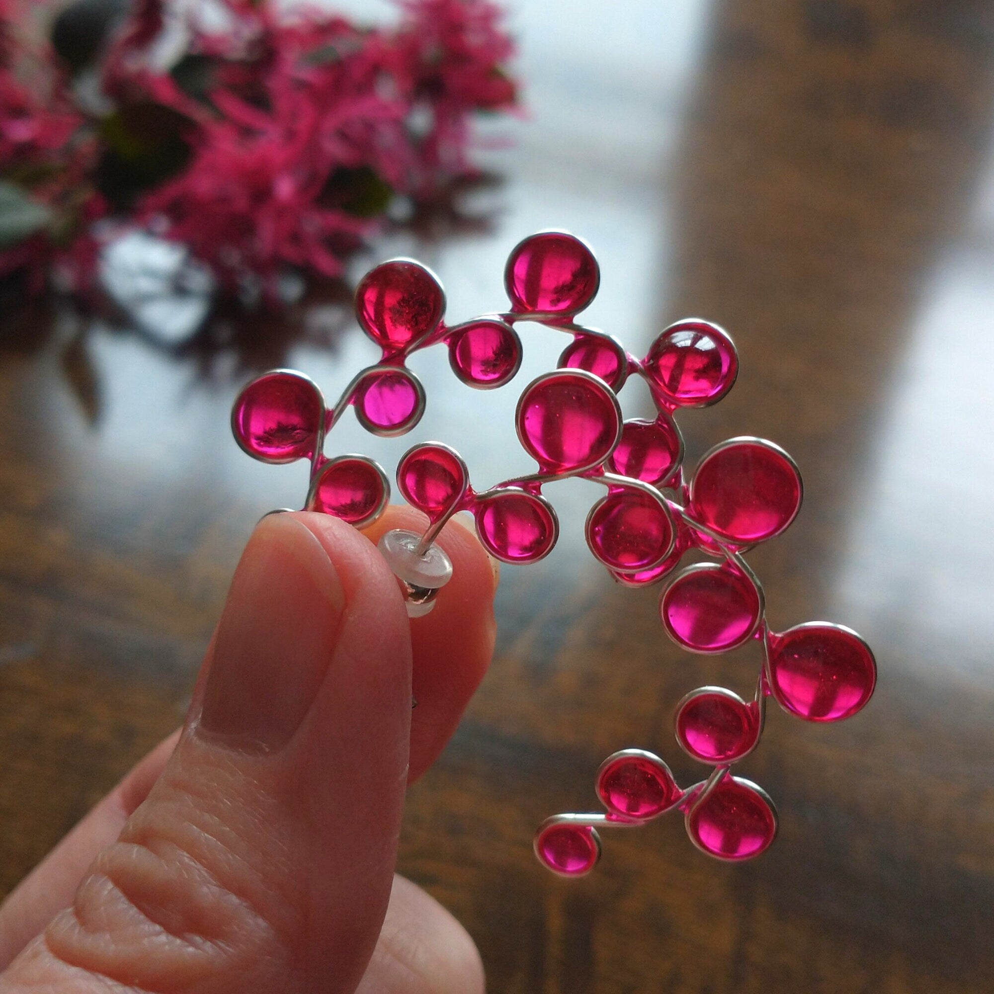 Pink stained glass hoop resin earrings