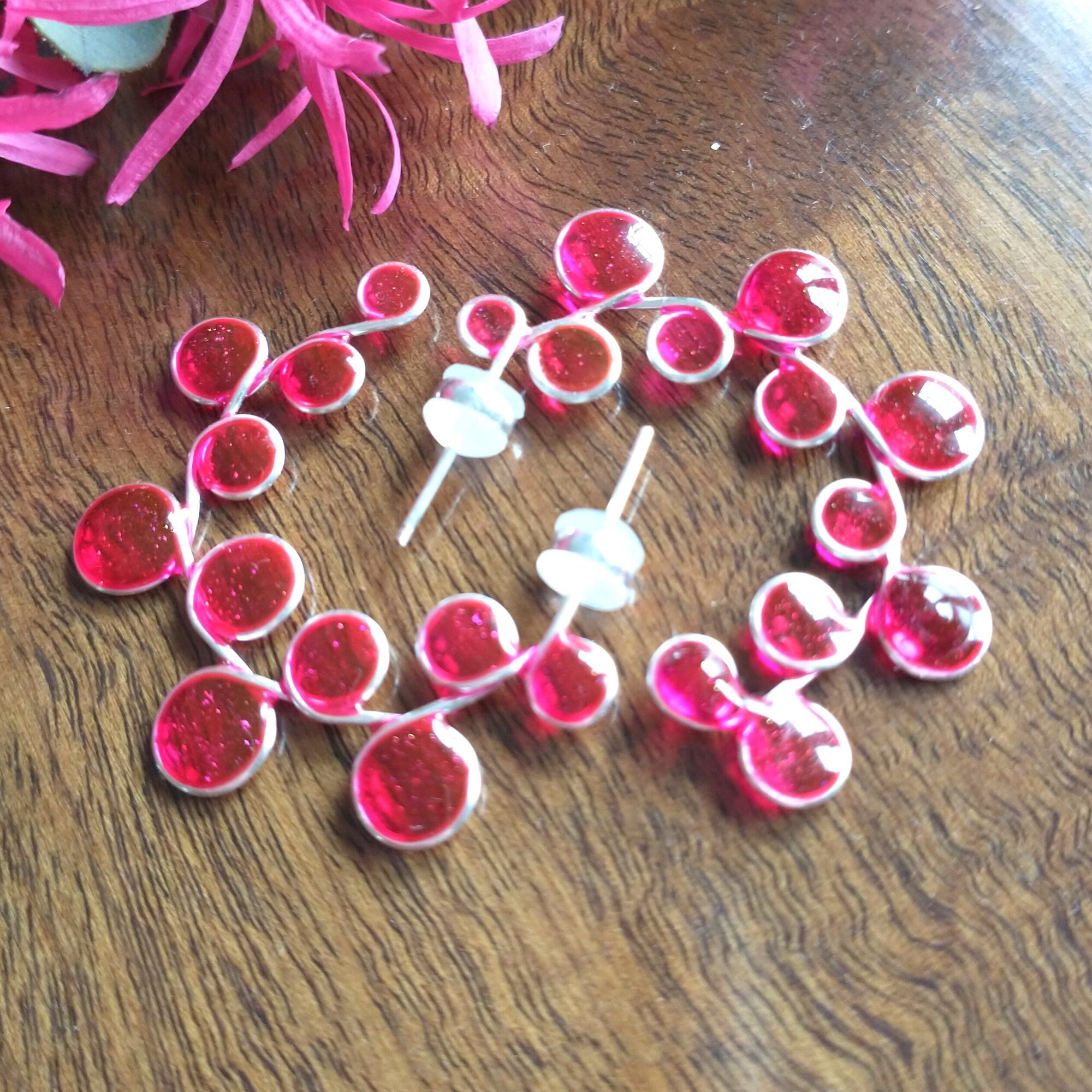 Pink stained glass hoop resin earrings