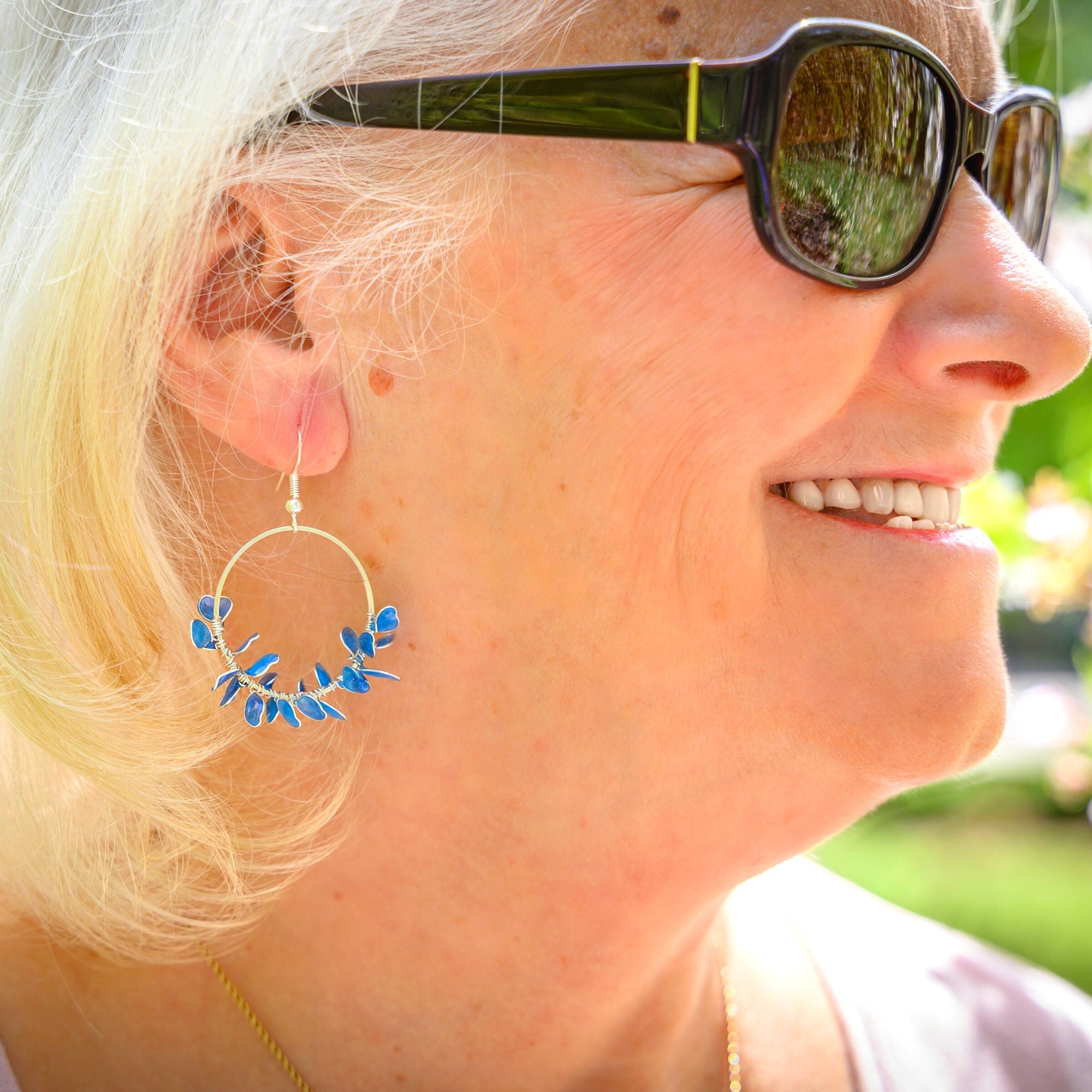 blue flower wreath hoop earrings