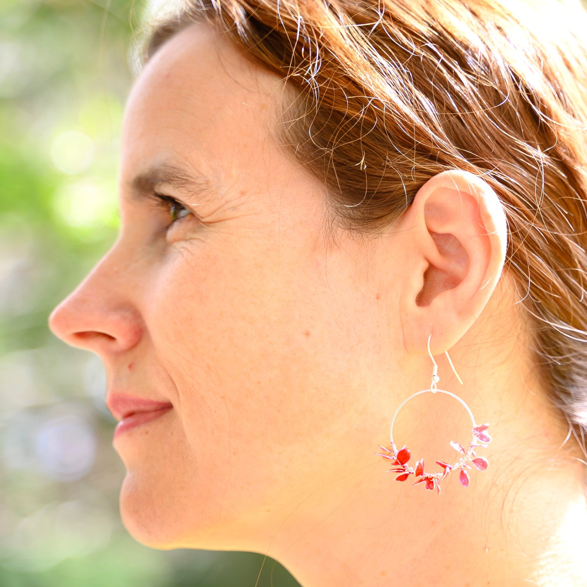 Pink flower wreath hoop earrings