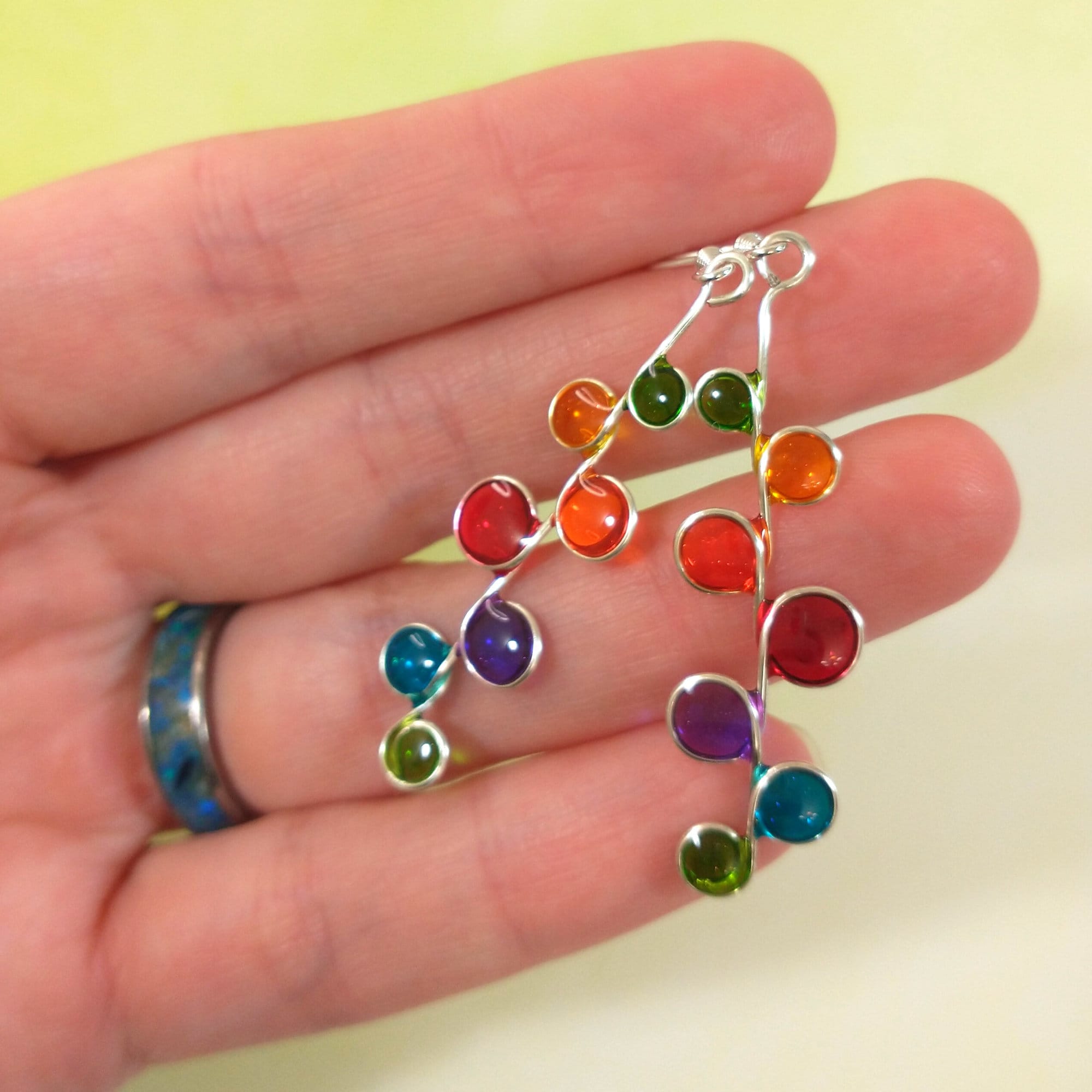 Rainbow stained glass resin earrings in silver