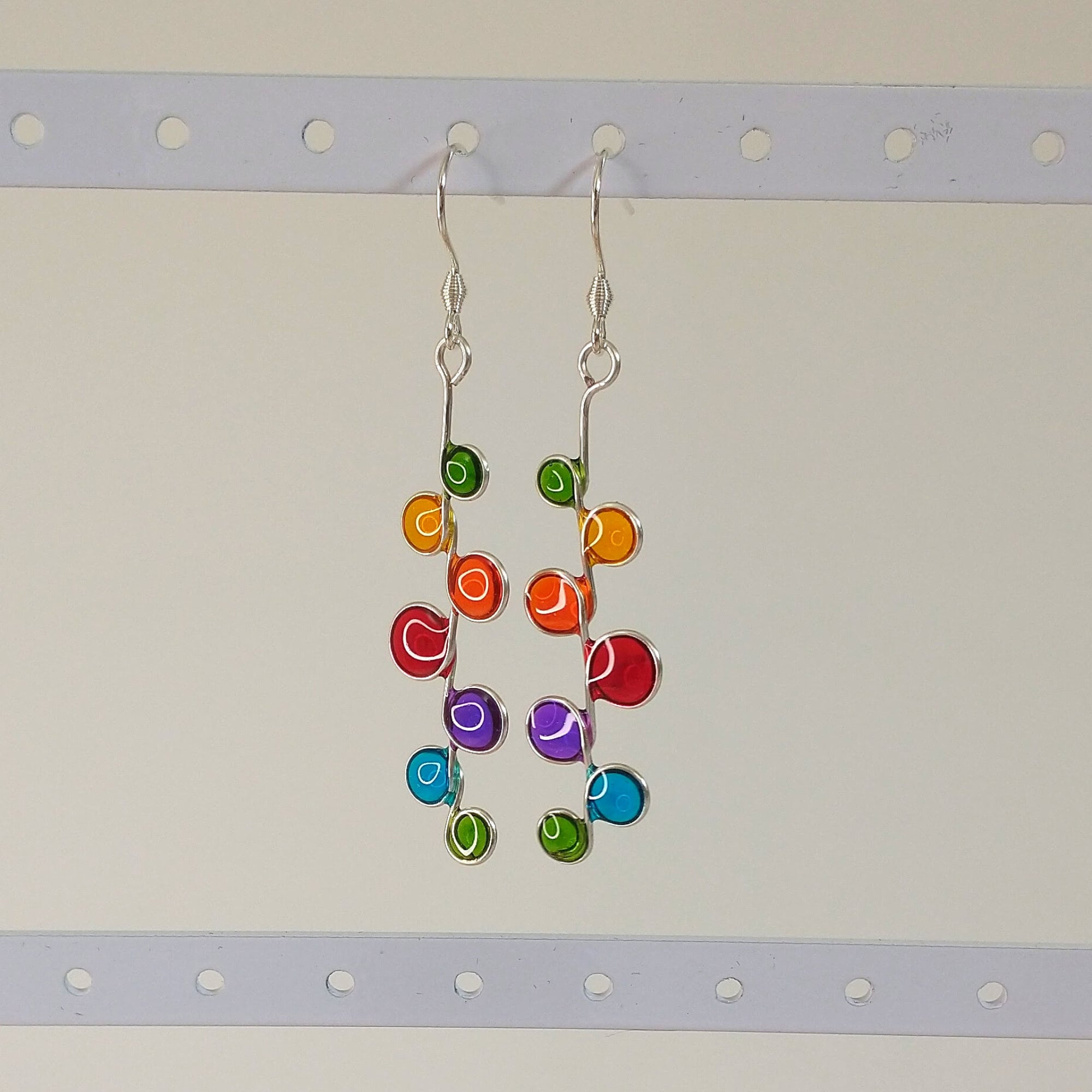 Rainbow stained glass resin earrings in silver