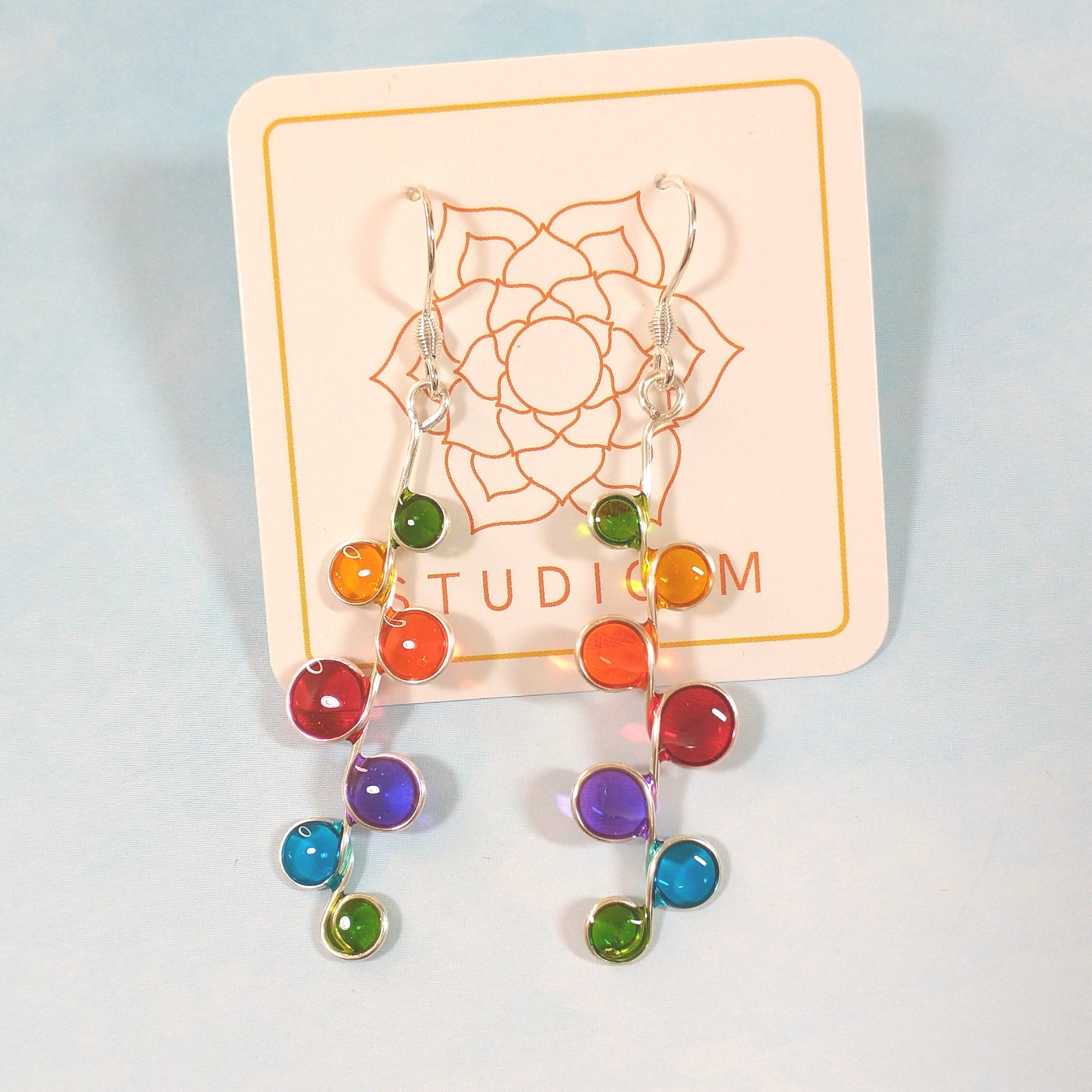 Rainbow stained glass resin earrings in silver