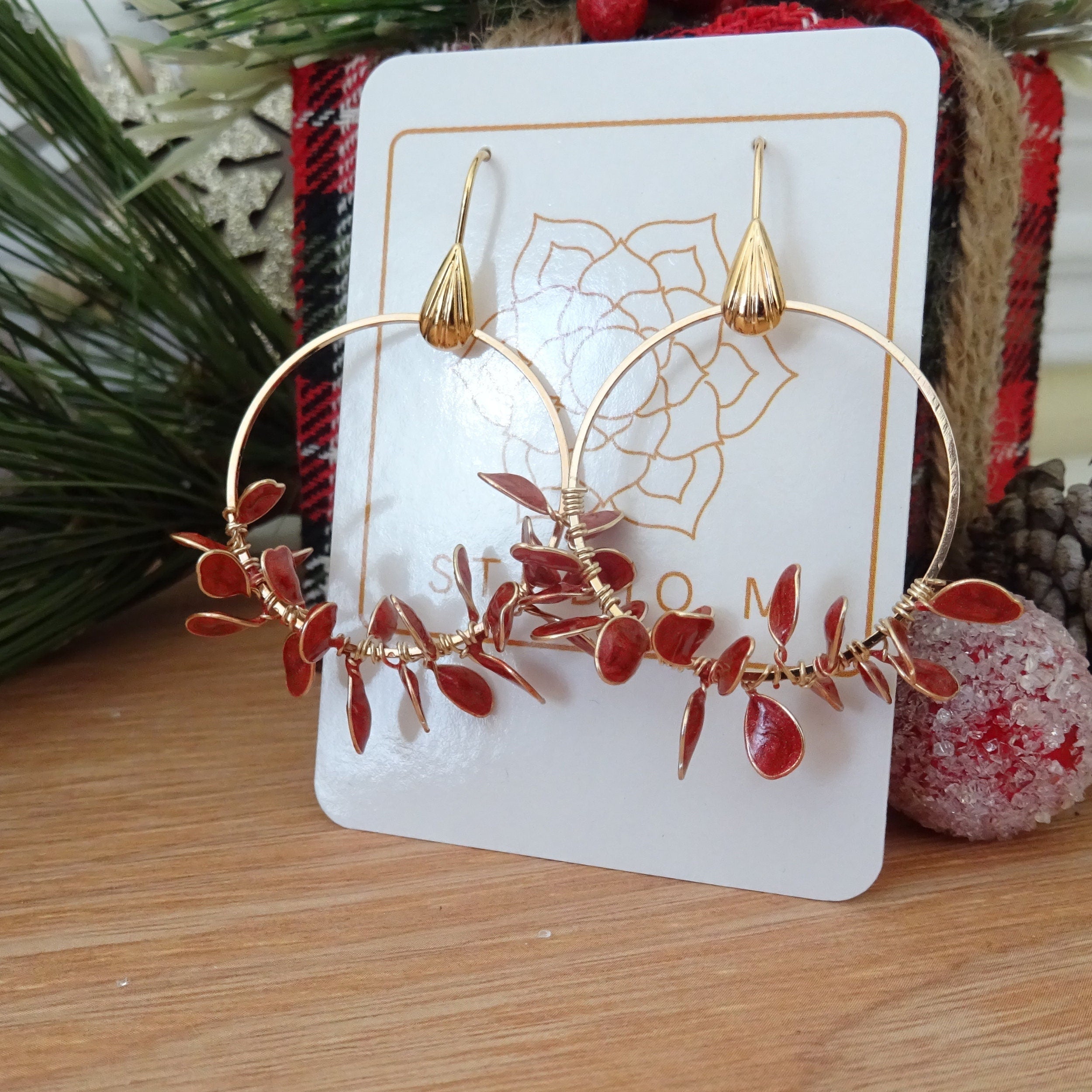 Red leaf hoop earrings