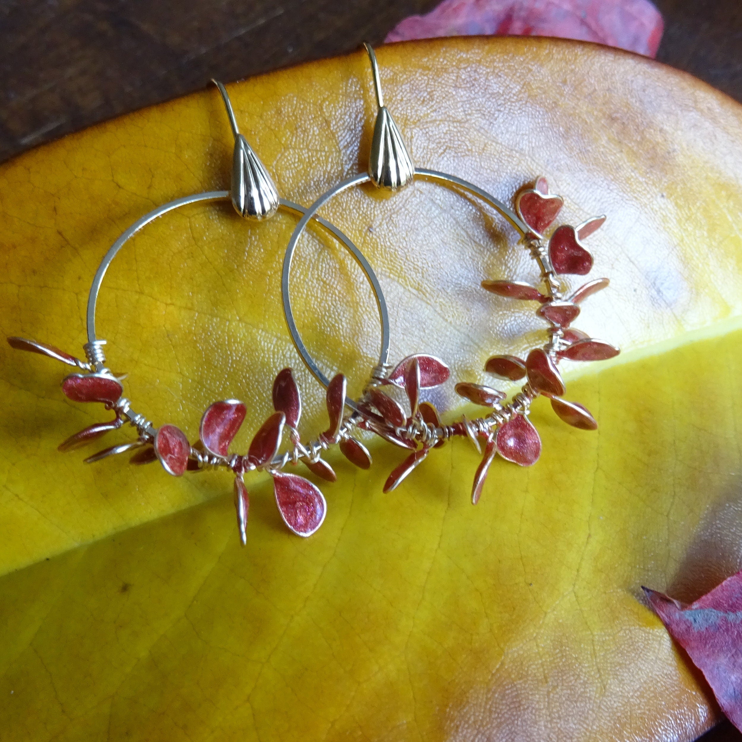 Red leaf hoop earrings