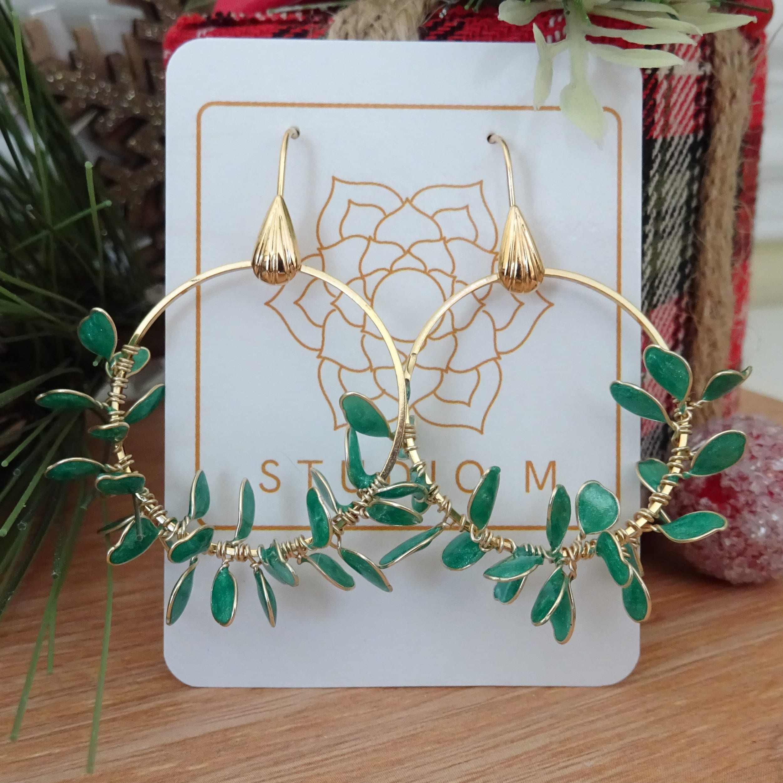 green leaves hoop earrings