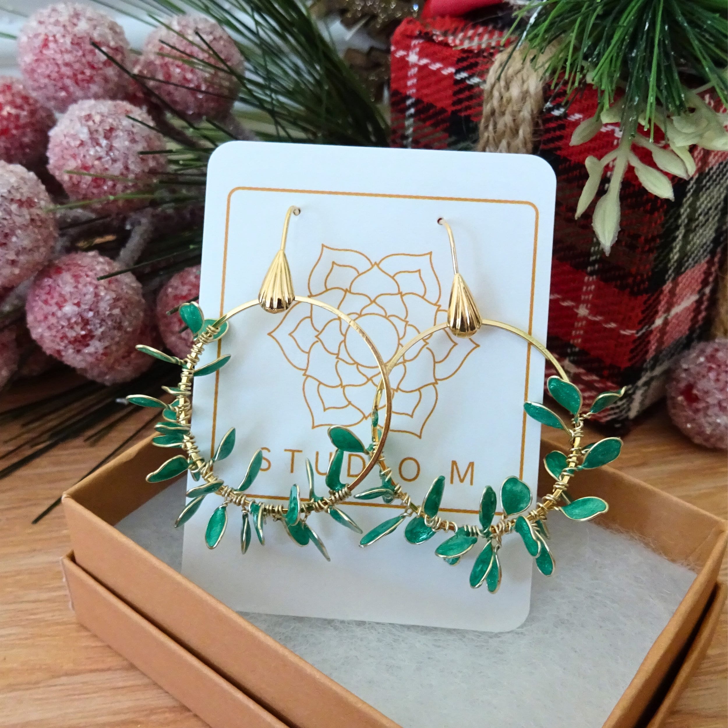 green leaves hoop earrings