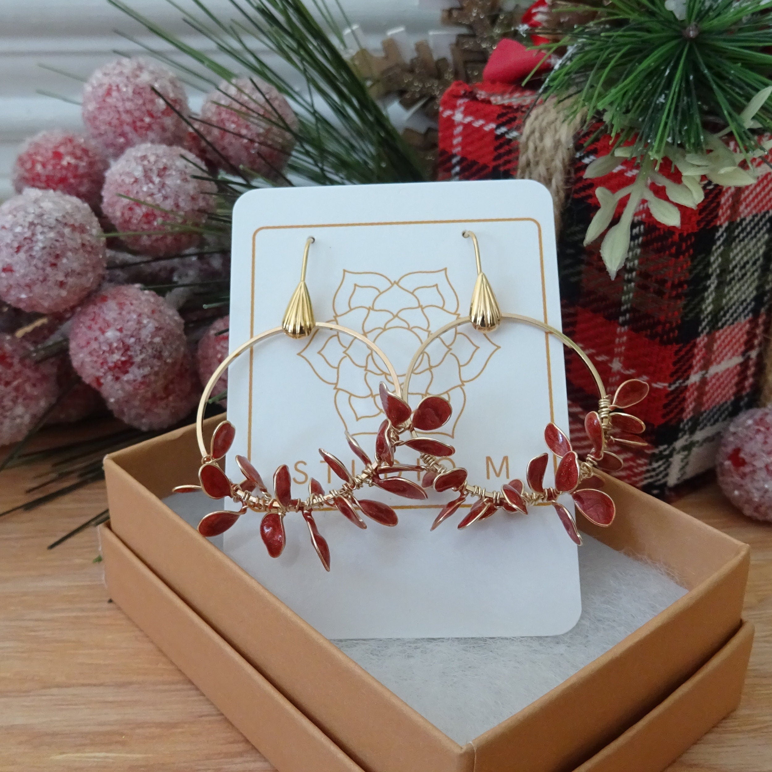 Red leaf hoop earrings