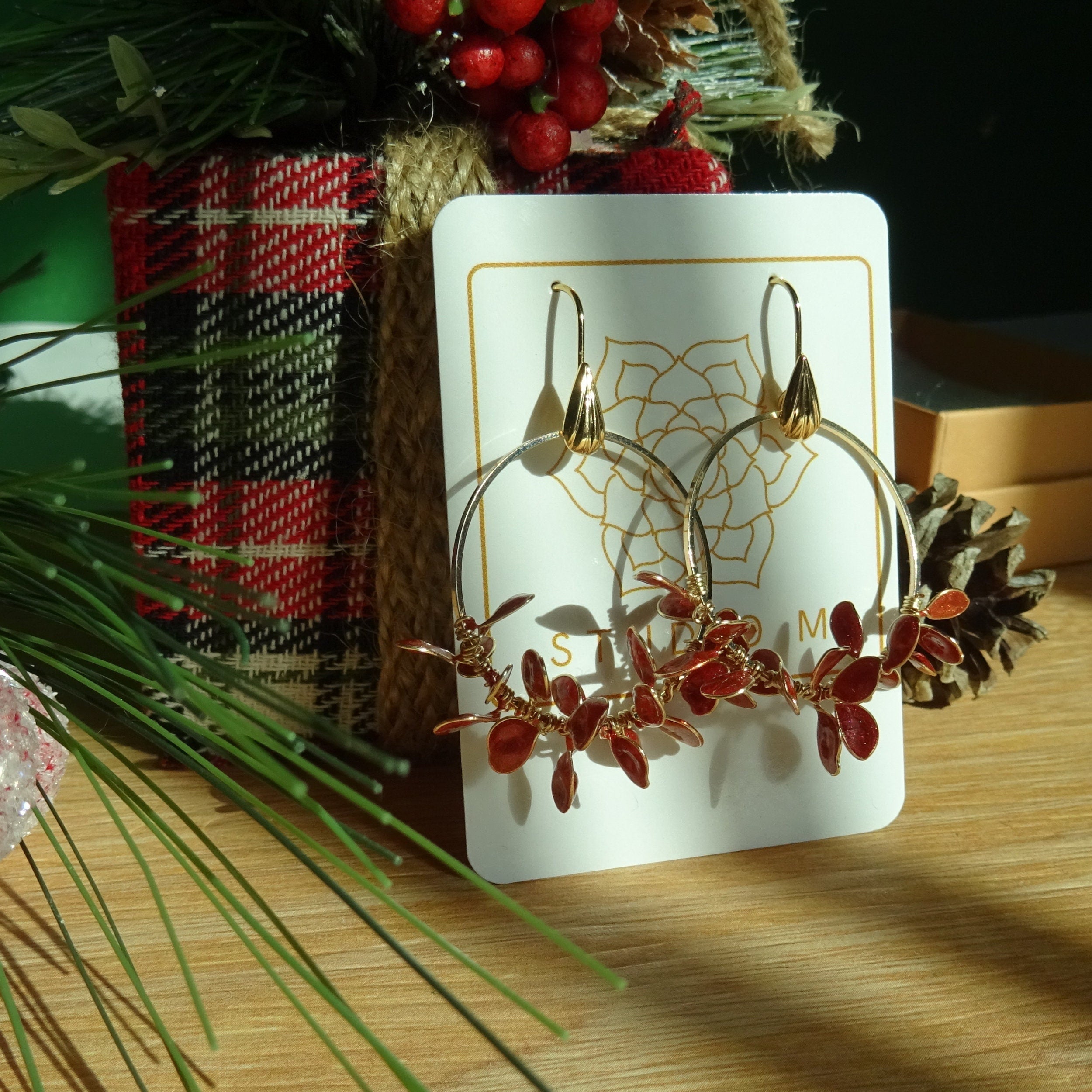 Red leaf hoop earrings