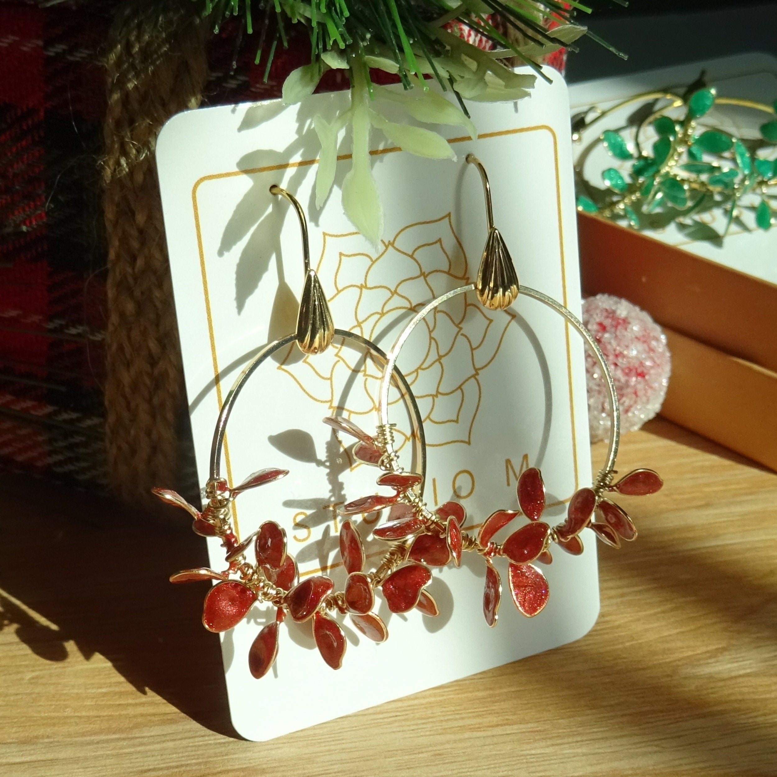 Red leaf hoop earrings