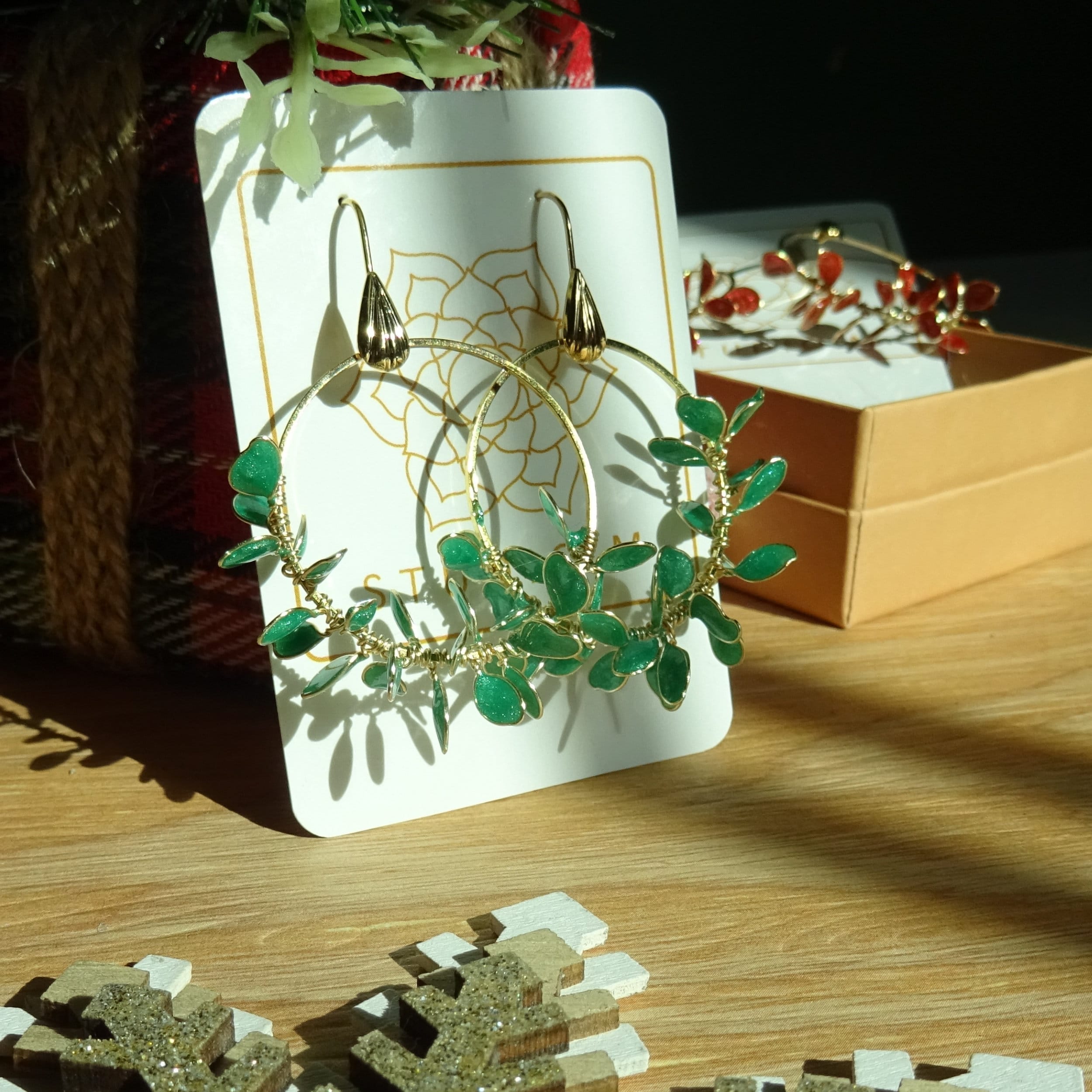 green leaves hoop earrings