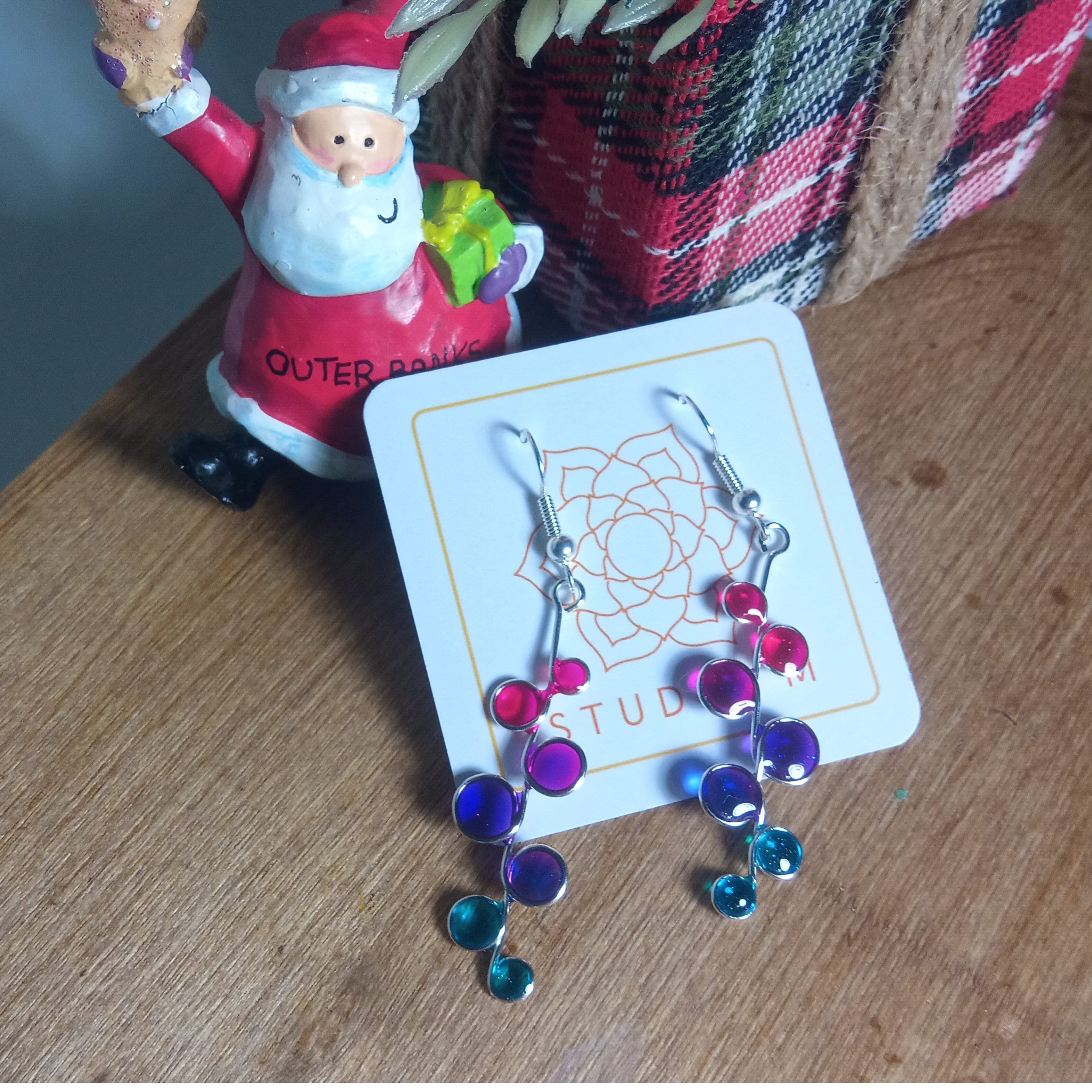 Pink blue and purple stained glass resin earrings