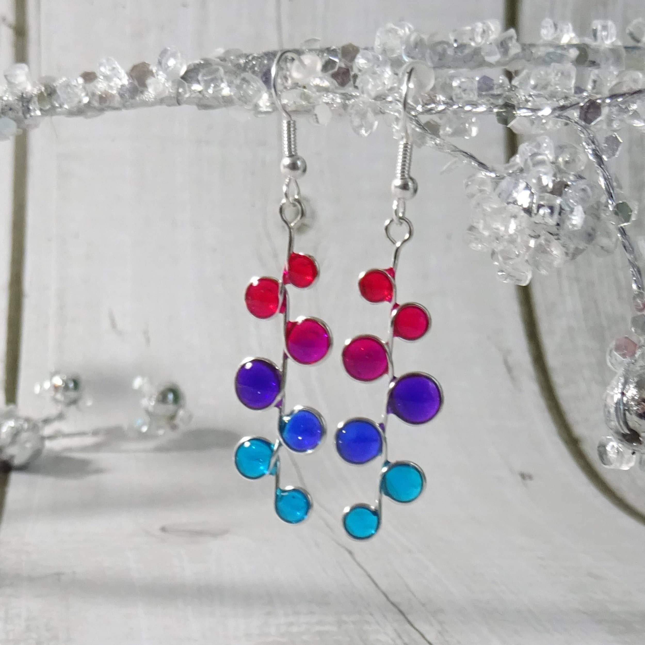 Pink blue and purple stained glass resin earrings