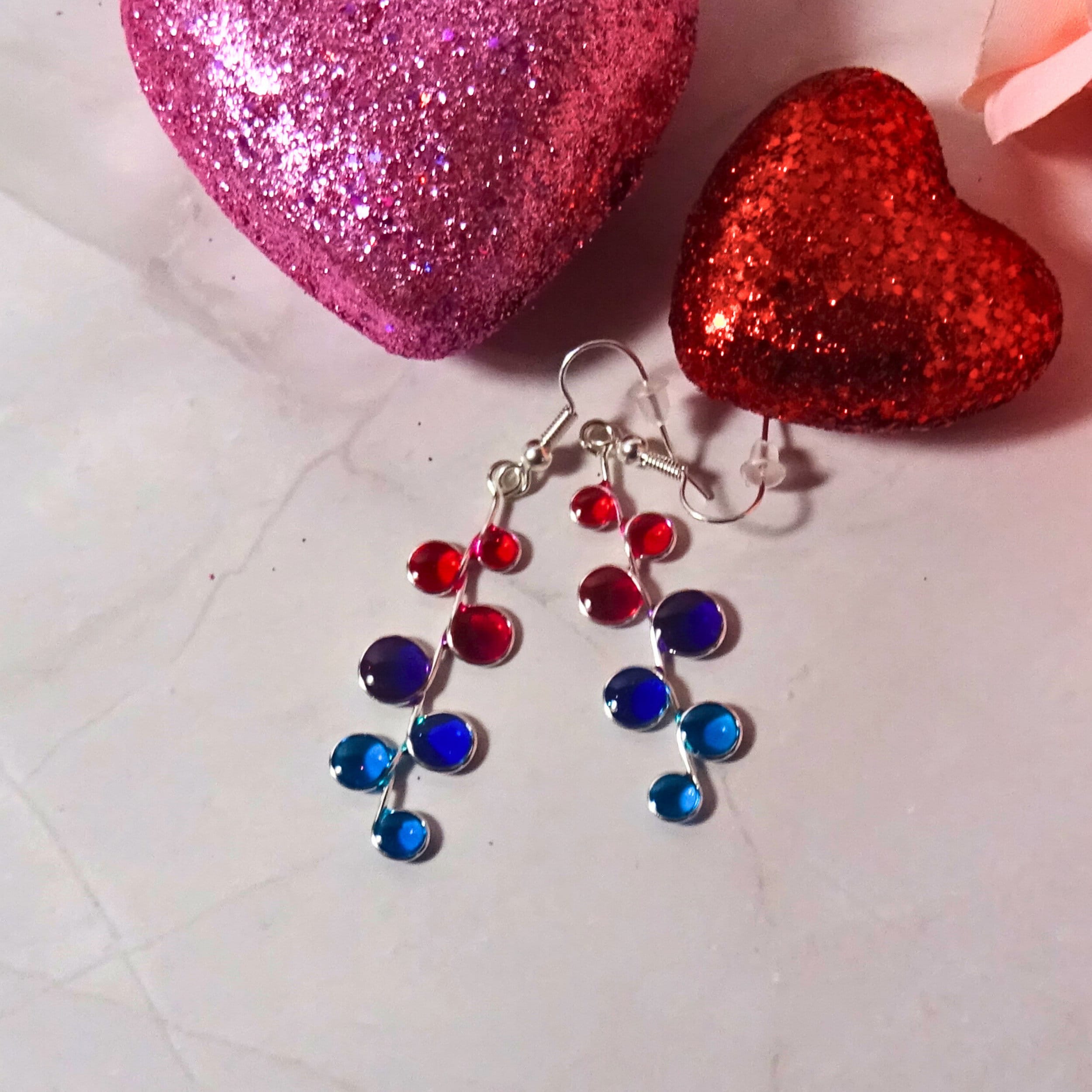 Pink blue and purple stained glass resin earrings