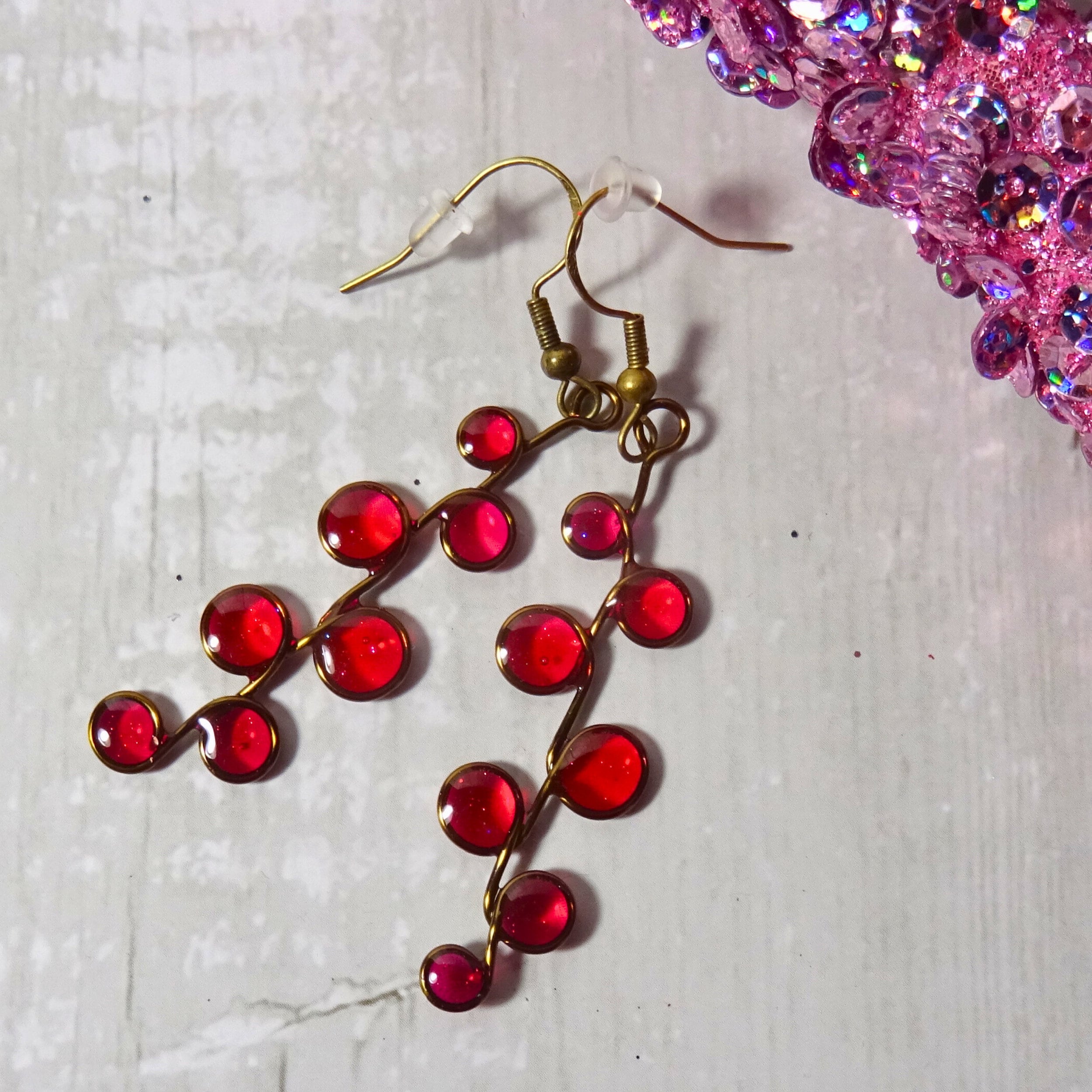 Pink magenta stained glass resin earrings