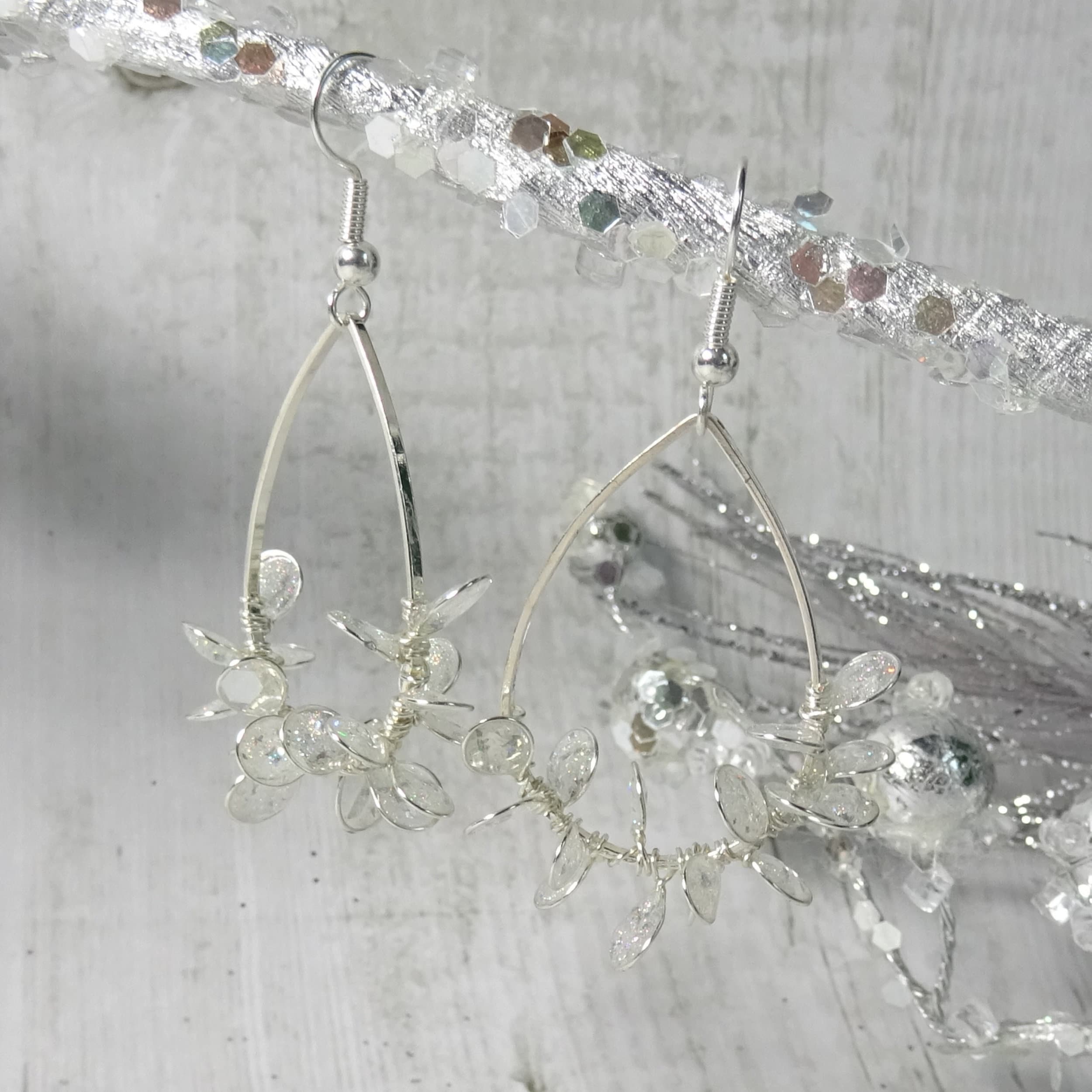 Crystal clear flower tear drop earrings