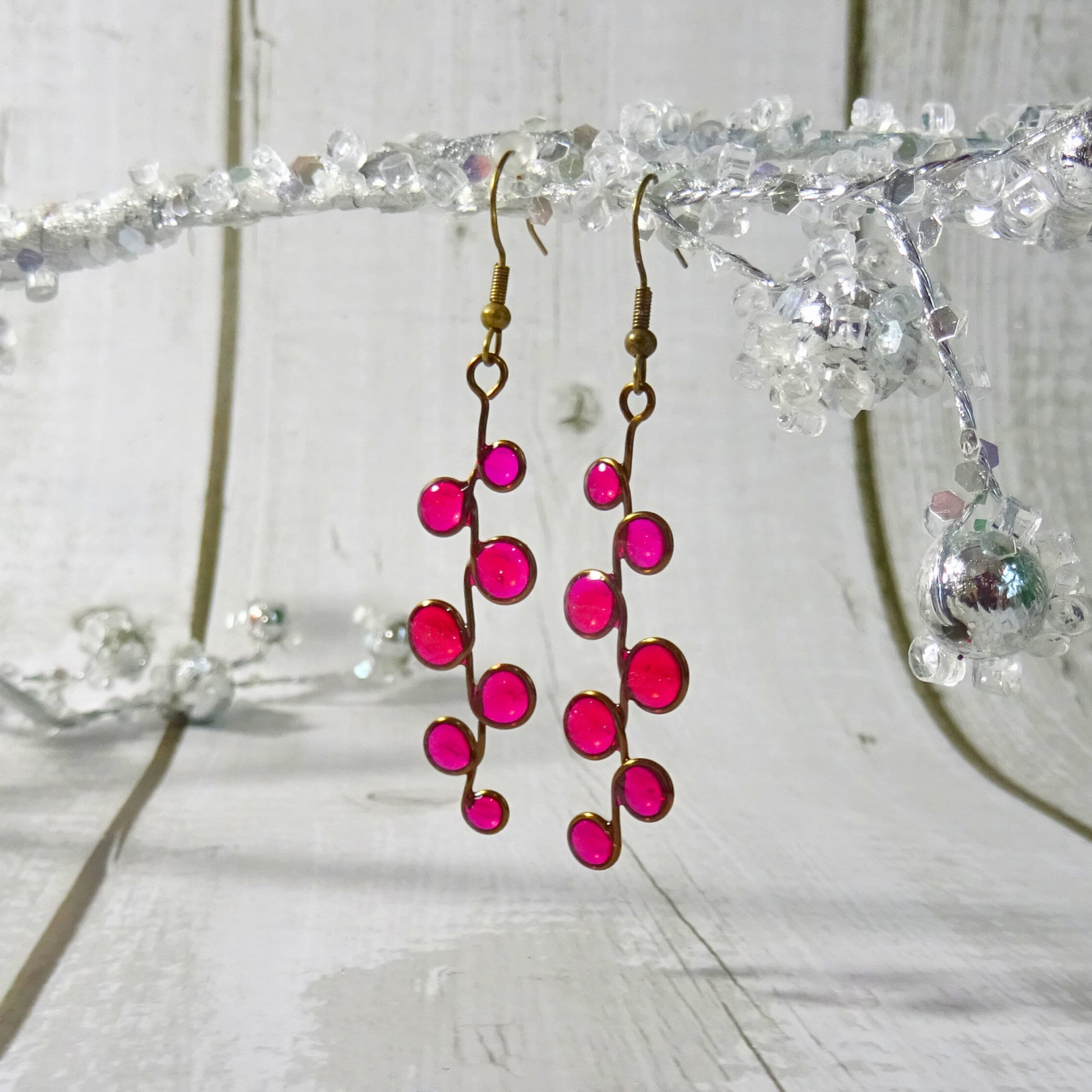 Pink magenta stained glass resin earrings