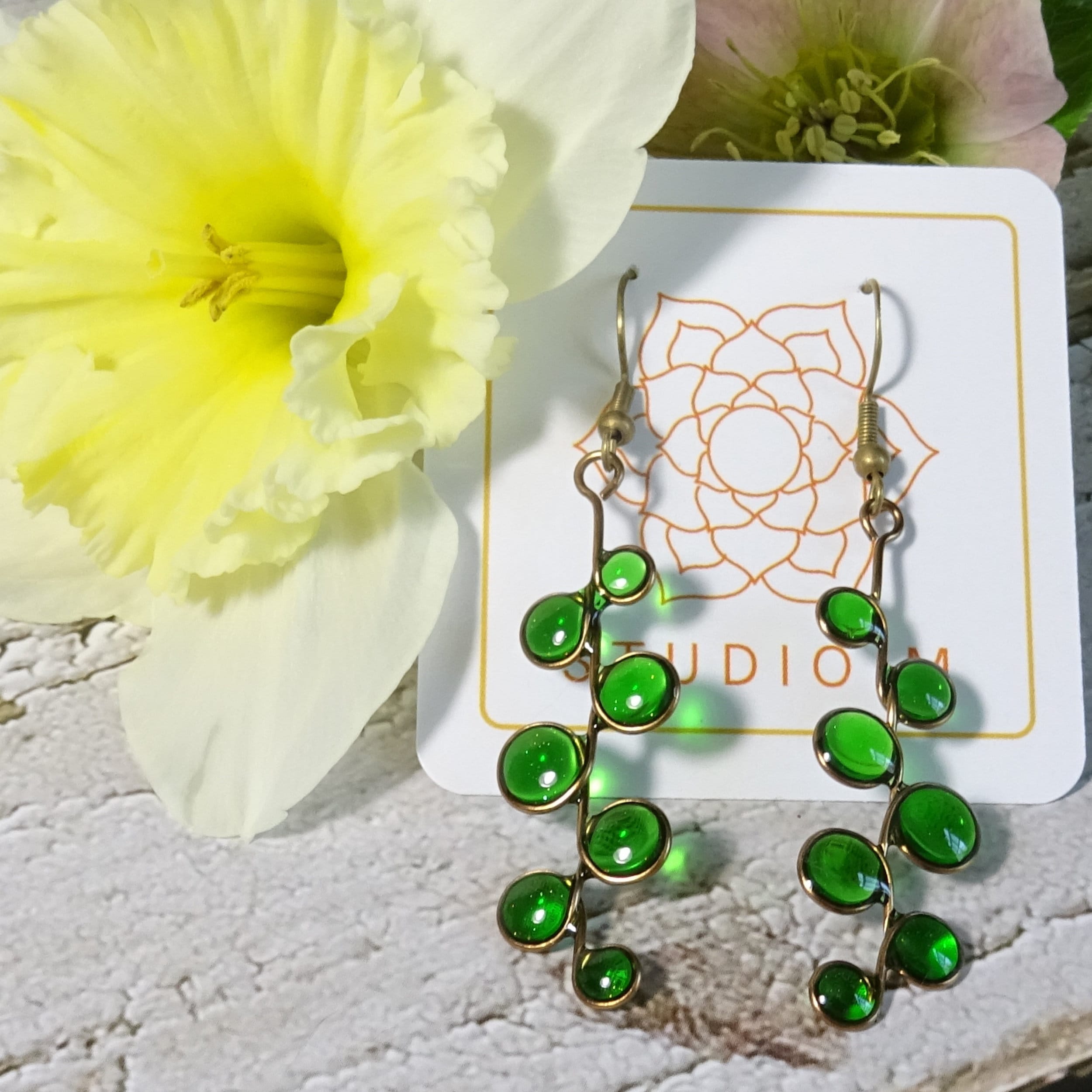 Emerald green stained glass resin earrings